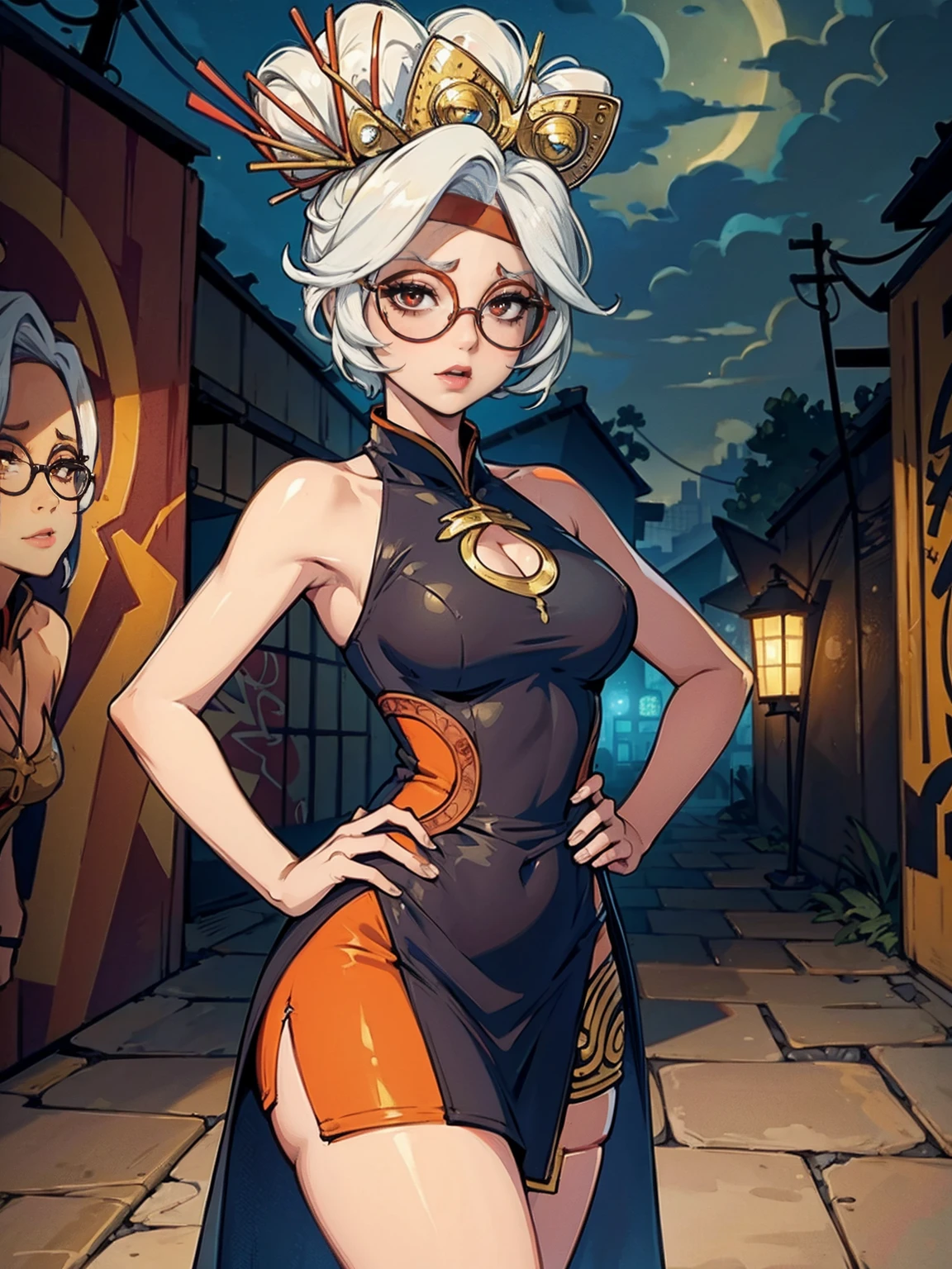 ((back, Masterpiece, Best Quality, Purah, White Hair, Red Eyes, Red Headband, Hair Ornament, Hair Sticks, Red Glasses, Hands on Hips, Smug)), ((pink lipstick, Extremely detailed, ambient soft lighting, 4k, perfect eyes, a perfect face, perfect lighting, a 1girl)) austere, ((malicious,  jade earrings, gold jewelry, female orange blazer, black pantalona tailoring pants, white satin halter top)), night sky, clouds, , lots of , (graffiti alley, graffiti walls, in an alley, night, moonlight, starry night)
