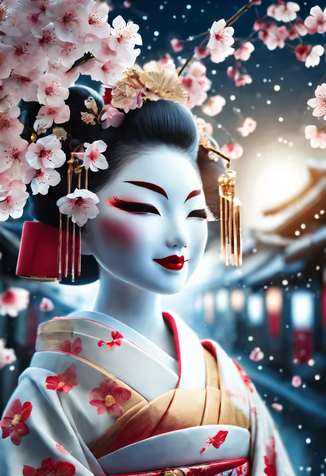 (Geisha stands gracefully under the cherry blossoms, Look back and smile: 1.37), Many red cherry blossom petals fall one after another, (whole body)
White makeup on a girl’s face without highlights and shadows. The entire white foundation covers the face and neck. Red lip makeup is a small mouth area that is smaller than normal lips. Thick eyeliner can highlight the outline of the eyes, Strengthen eyes, And make the pupils appear dark and deep. Straight eyebrows are eye-catching but not stiff, Make the whole face clean. Typical Japanese Geisha makeup,
Wearing a gorgeous kimono embroidered with black and gold cherry blossoms, This is a long-sleeved kimono, Wearing Japanese clogs,
background: Deep streets under blue moonlight,
Surrealism, Realistic depiction of light and shadow, Real and exaggerated photos, super high quality, Super details, movie shot, shallow view deep,