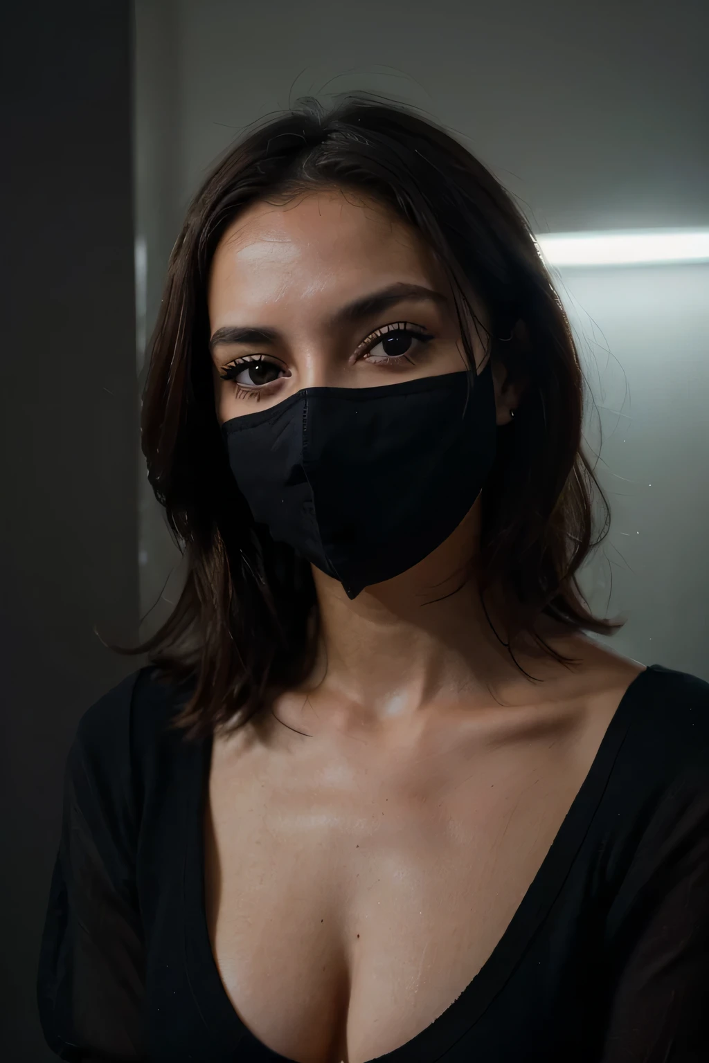 Foto CRU, foto de retrato de rosto de linda de 26 anos.ah mulher, rosto fofo, usando vestido preto, cara feliz, sombras duras, cinematic shot, dramatic lighting anonymous realtor, sensual mais discreto, like a face slightly hidden by a mask of anonymity