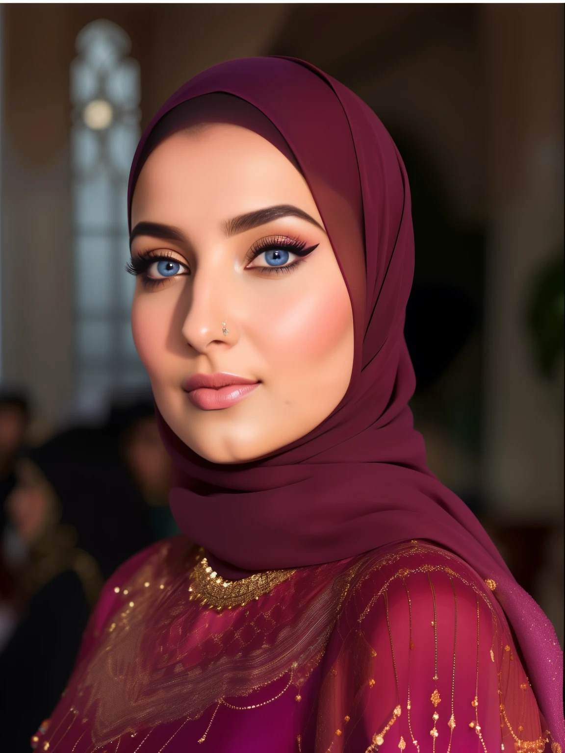 um close de uma mulher usando um hijab e um vestido roxo, com maquiagem profissional, inspirado em Maryam Hashemi, em maquiagem profissional, middle eastern skin, Arabic inspiration, Maquiagem tradicional, Beautiful Arab woman, rosto sexy com maquiagem completa, flawless detailed face, detailed face of an arab woman, beleza tradicional, Arabic ameera al taweel, fantastic details full face,blue eyes