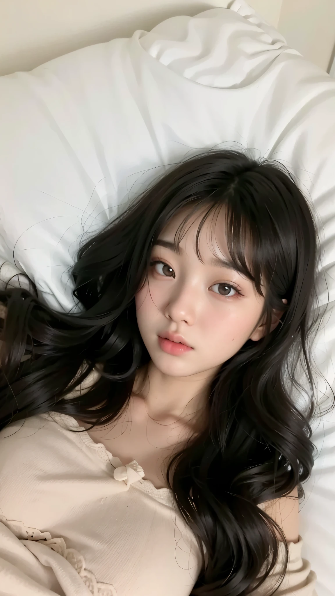 araffe asian woman laying in bed with long black hair, ulzzang, young adorable korean face, korean girl, korean face features, beautiful young korean woman, wan adorable korean face, girl cute-fine-face, beautiful south korean woman, young cute wan asian face, gorgeous young korean woman, fluffy bangs, popular south korean makeup, black hime cut hair, wonyoung of ive, wonyoung, ive wonyoung, wonyoung
