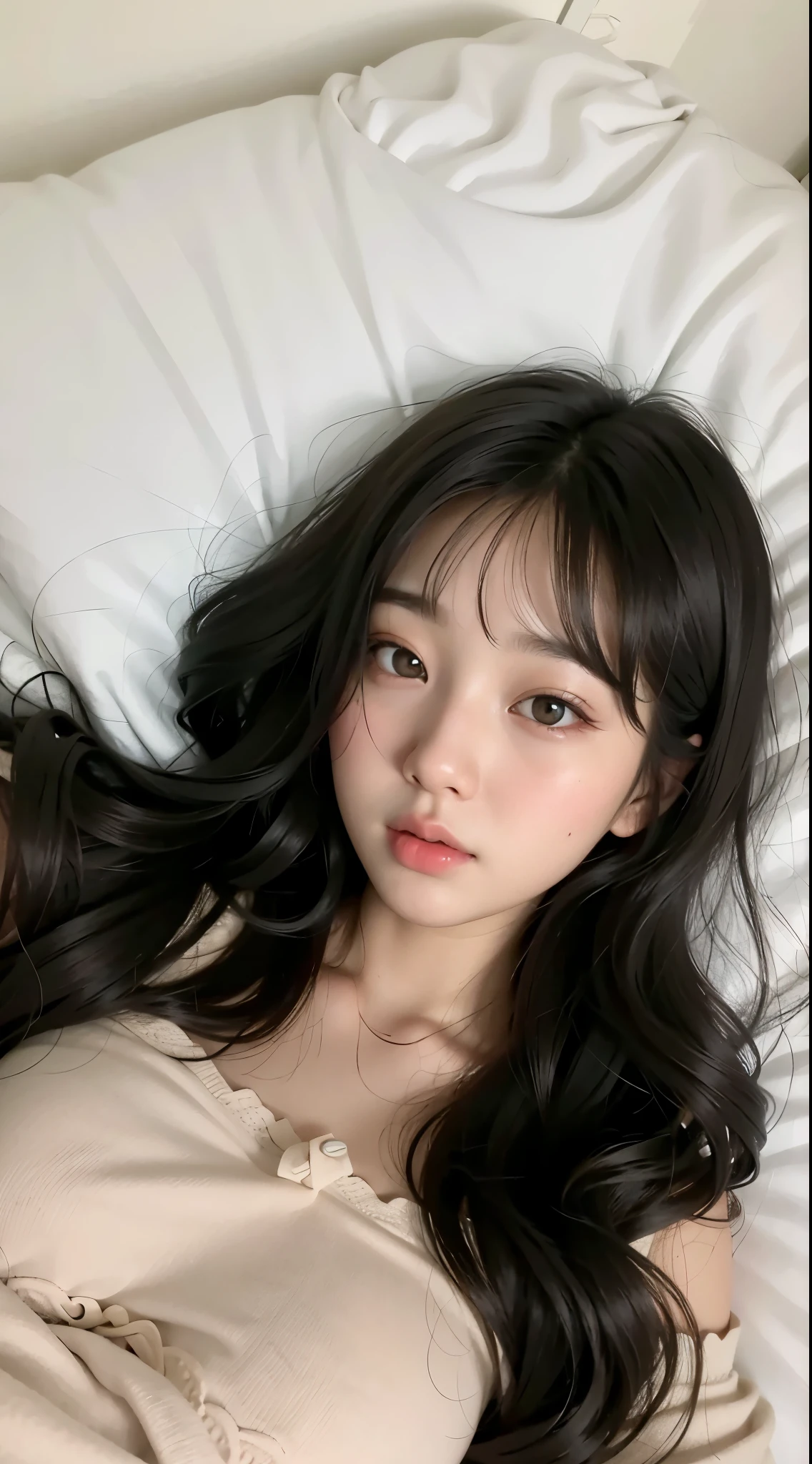 araffe asian woman laying in bed with long black hair, ulzzang, young adorable korean face, korean girl, korean face features, beautiful young korean woman, wan adorable korean face, girl cute-fine-face, beautiful south korean woman, young cute wan asian face, gorgeous young korean woman, fluffy bangs, popular south korean makeup, black hime cut hair, wonyoung of ive, wonyoung, ive wonyoung, wonyoung
