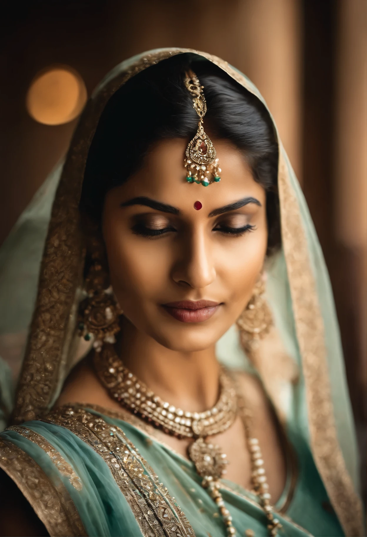 She stands in the courtyard, a vision of timeless beauty. Her silk saree drapes gracefully around her, each fold a testament to her poise. The intricate patterns of her kundan jewelry catch the sunlight, casting a gentle glow on her features. With every movement, the bangles on her wrist chime softly, adding a melodic rhythm to the air. Her eyes, lined with kohl, sparkle with a quiet confidence, mirroring the gleam of her jewelry. She is a picture of elegance, a modern woman embracing her heritage with grace and style.