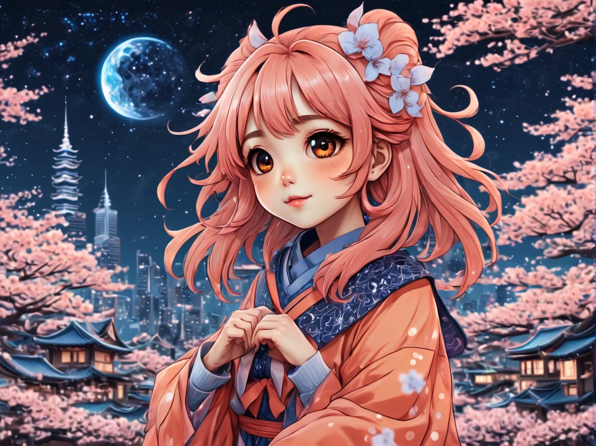 (best quality, highres, ultra sharp), (magical cute sakura maiden:1.2). with (exaggerated hair, huge fluffy hair, expanded hair, exagerated voluminous hair, small freckles, orange sweater with small dots, details, horsehair, fluffy, socks, magic background, cute art deco buildings, flowing lines, clean and crisp outlines, zentangle hair style, zentangle, starry sky, 3d crunch, cinematic, full body with long legs, from head to shoes, multiple sides view, split image in 2 parts,