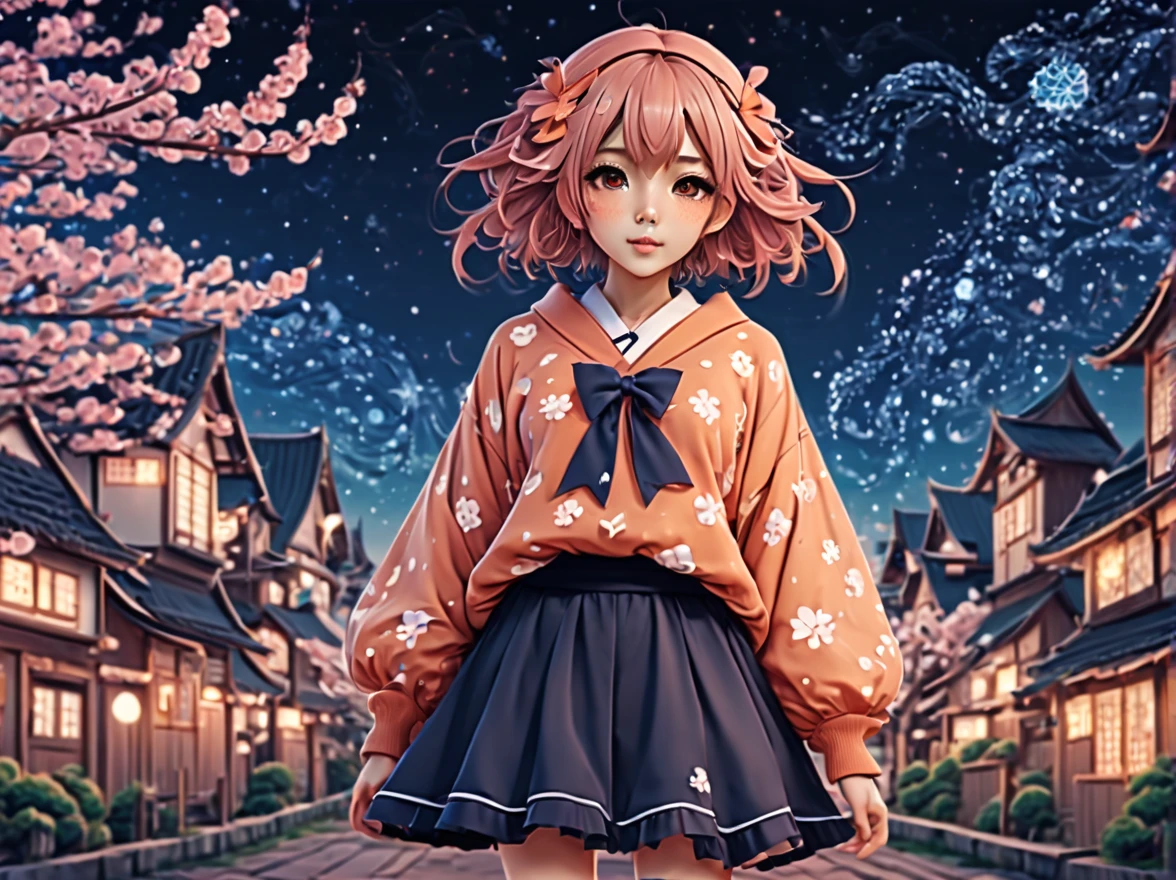 (best quality, highres, ultra sharp), (magical cute sakura maiden:1.2). with (exaggerated hair, huge fluffy hair, expanded hair, exagerated voluminous hair, small freckles, orange sweater with small dots, details, horsehair, fluffy, socks, magic background, cute art deco buildings, flowing lines, clean and crisp outlines, zentangle hair style, zentangle, starry sky, 3d crunch, cinematic, full body with long legs, from head to shoes, multiple sides view, split image in 2 parts,