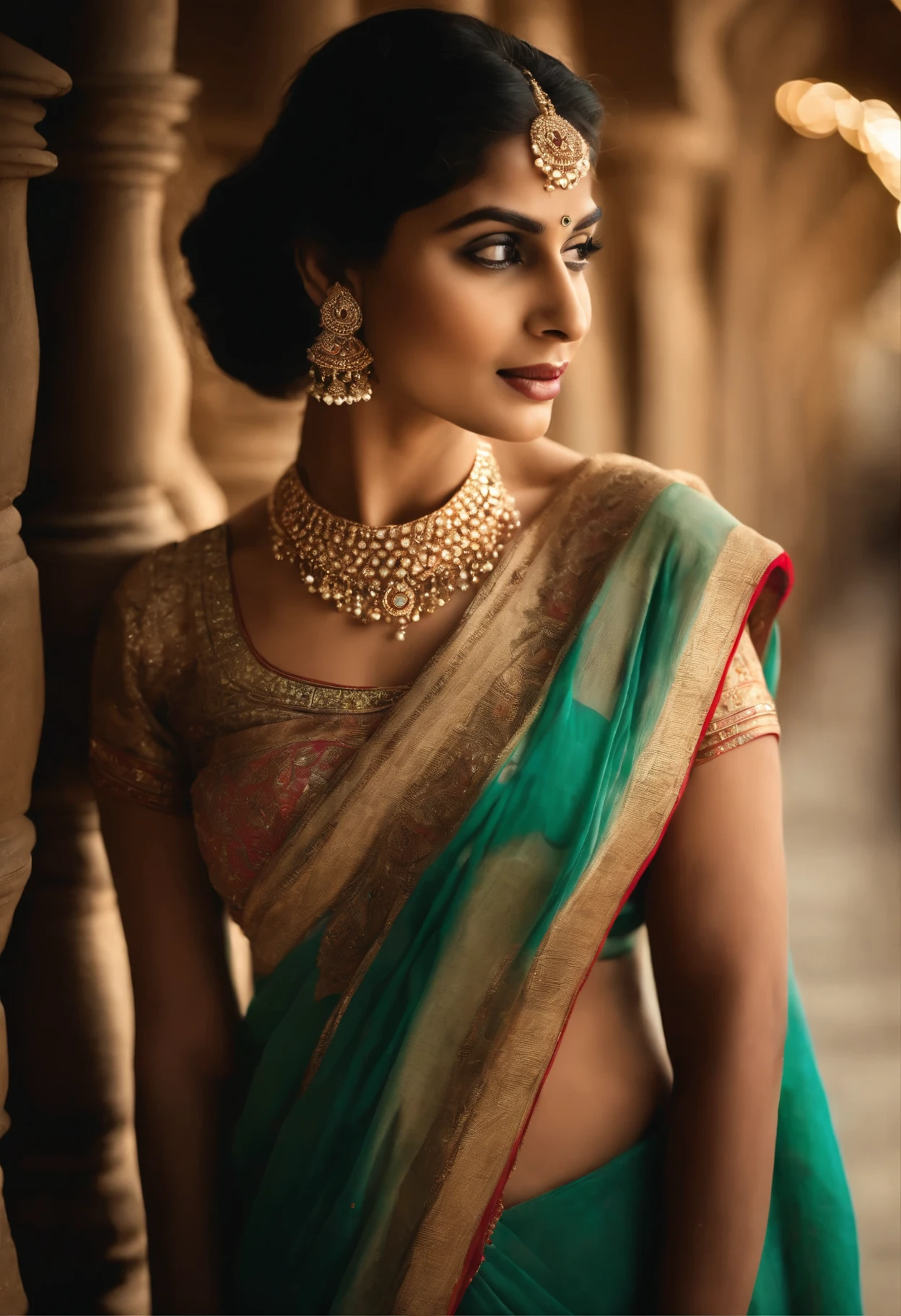She stands in the courtyard, a vision of timeless beauty. Her silk saree drapes gracefully around her, each fold a testament to her poise. The intricate patterns of her kundan jewelry catch the sunlight, casting a gentle glow on her features. With every movement, the bangles on her wrist chime softly, adding a melodic rhythm to the air. Her eyes, lined with kohl, sparkle with a quiet confidence, mirroring the gleam of her jewelry. She is a picture of elegance, a modern woman embracing her heritage with grace and style.