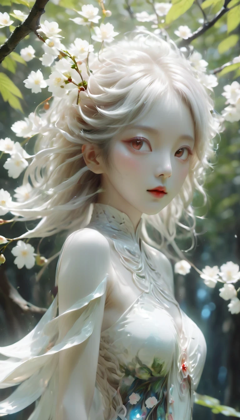 Cherry treegirl,(a girl made of fresh 樱花),forest,Cherry tree,Beautiful psychedelic white complex and detailed production,cute face,long hair,8k,Ultra-fine knots,