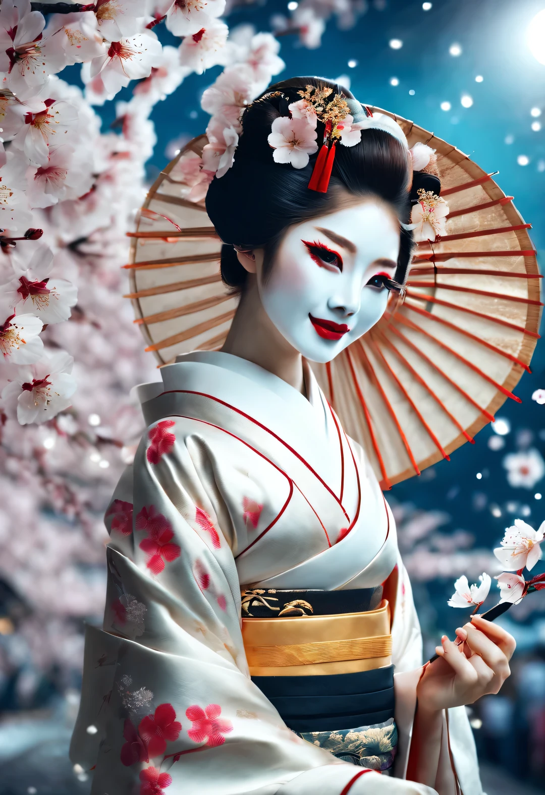 (Geisha stands gracefully under the cherry blossoms, Look back and smile: 1.37), Many red cherry blossom petals fall one after another, (whole body)
White makeup on a girl’s face without highlights and shadows. The entire white foundation covers the face and neck. Red lip makeup is a small mouth area that is smaller than normal lips. Thick eyeliner can highlight the outline of the eyes, Strengthen eyes, And make the pupils appear dark and deep. Straight eyebrows are eye-catching but not stiff, Make the whole face clean. Typical Japanese Geisha makeup,
Wearing a gorgeous kimono embroidered with black and gold cherry blossoms, This is a long-sleeved kimono, Wearing Japanese clogs,
background: Deep streets under blue moonlight,
Surrealism, Realistic depiction of light and shadow, Real and exaggerated photos, super high quality, Super details, movie shot, shallow view deep,