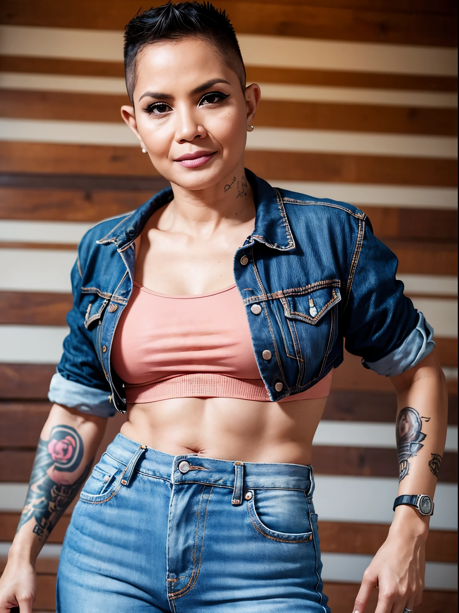 "Naked Peach Bra" ((Hairstyle is shaved head, skinhead)), (Malaysia female), age 45 years old, 8K, photottorialism, jeans