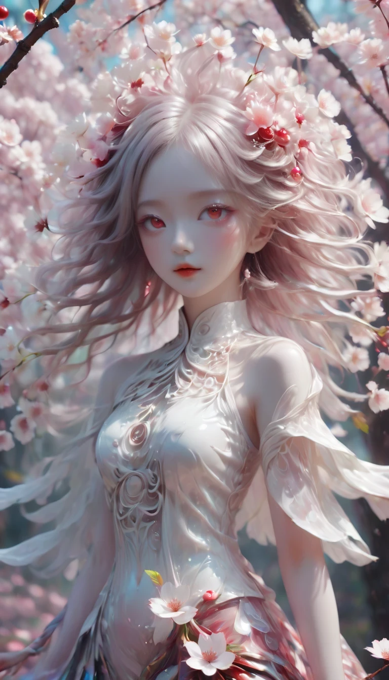 Cherry treegirl,(a girl made of fresh 樱花),forest,Cherry tree,Beautiful psychedelic white complex and detailed production,cute face,long hair,8k,Ultra-fine knots,