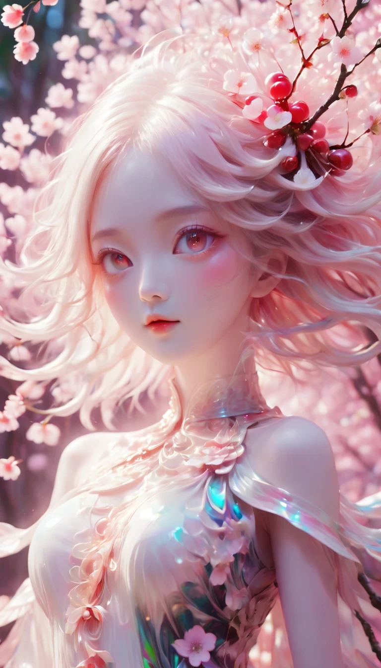 Cherry treegirl,(a girl made of fresh 樱花),forest,Cherry tree,Beautiful psychedelic white complex and detailed production,cute face,long hair,8k,Ultra-fine knots,