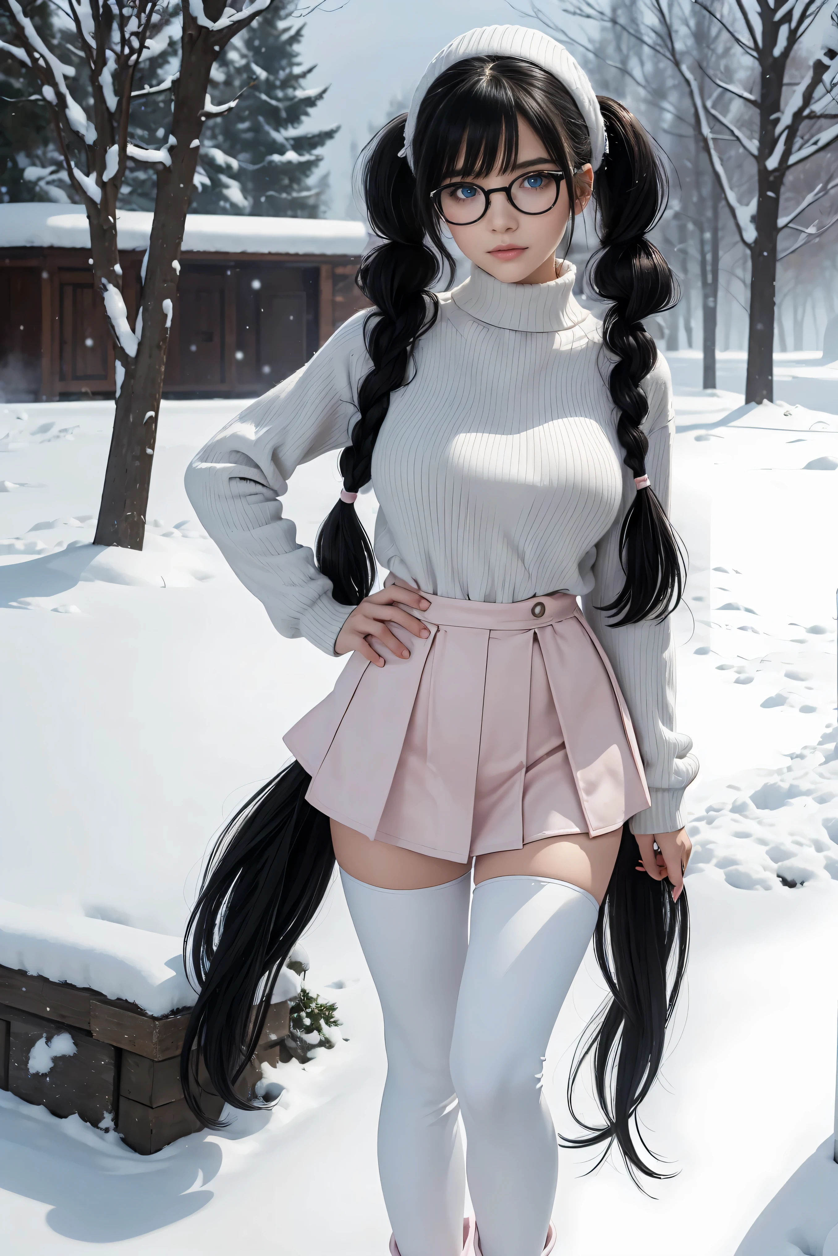 (Best Quality,High resolution:1.2), Ultra-detailed, Realistic portrait, hot Russian girl, pretty face, perfect long legs, full body, tiny waist. large breasts, standing, tight white cropped jumper, black high waist leggings, pink and white snow boots, in the snow, large blue eyes, long black hair tied up with a ribbon, pigtails, tight high waist skirt, woolen socks, hair bangs, snowing, foggy, (large round black rimmed glasses)