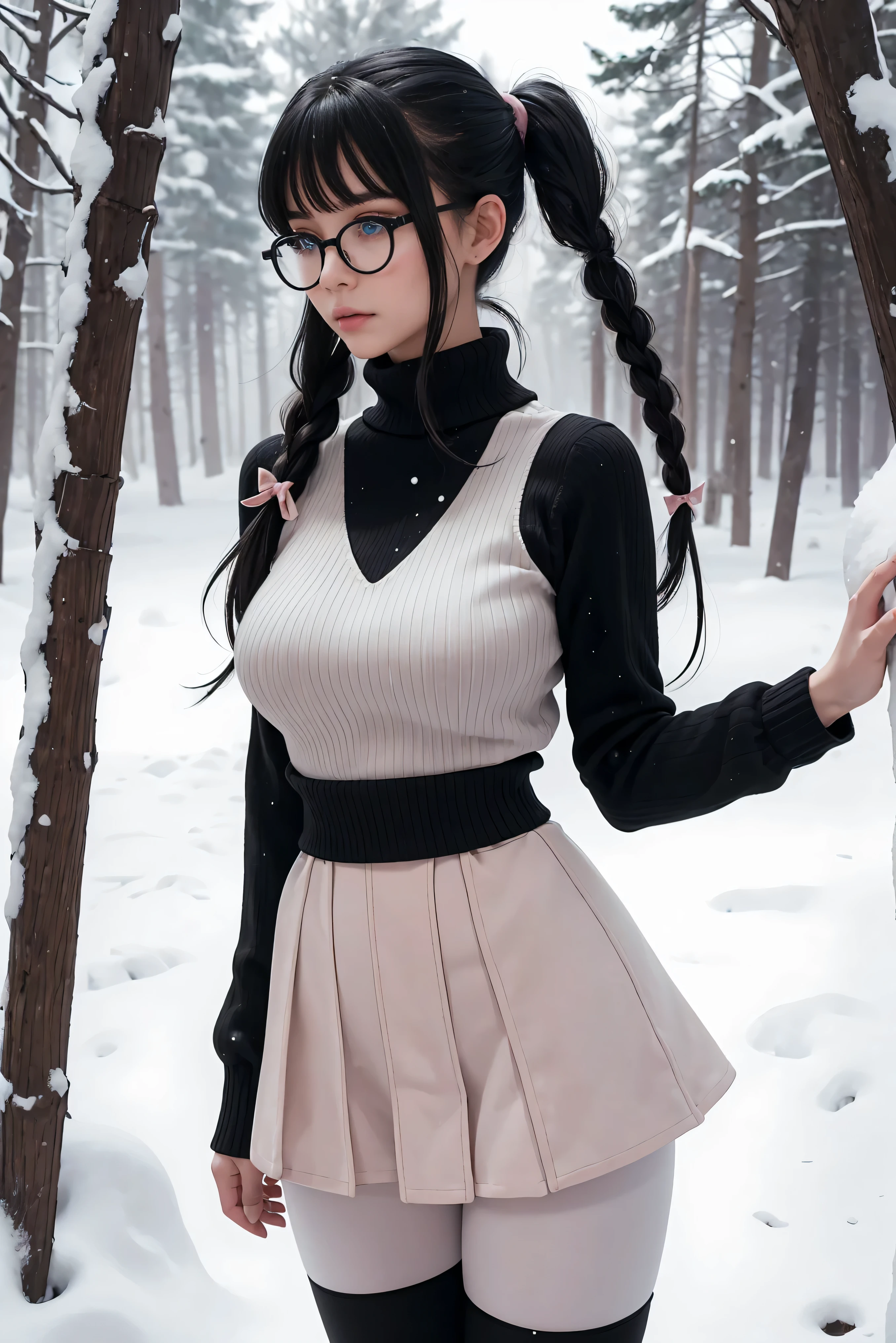 (Best Quality,High resolution:1.2), Ultra-detailed, Realistic portrait, hot Russian girl, pretty face, perfect long legs, full body, tiny waist. large breasts, standing, tight white cropped jumper, black high waist leggings, pink and white snow boots, in the snow, large blue eyes, long black hair tied up with a ribbon, pigtails, tight high waist skirt, woolen socks, hair bangs, snowing, foggy, (large round black rimmed glasses)