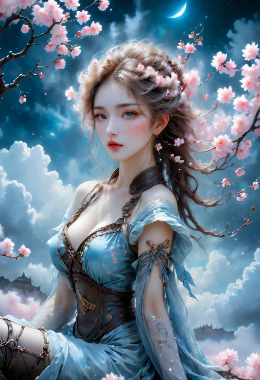 ((need)), ((masterpiece)), (detailed), charming girl, ethereal beauty, Living in the cherry blossom clouds, (Fantasy illustration:1.3), gaze, Charming pose, Sit above the clouds，otherworldly charm, mysterious sky, (Luis Royo:1.2), (Amano Yoshitaka:1.1), Moonlight night, pastel colors, (detailed云视图:1.3),Beautiful fluffy cherry blossom cloud，endless starry sky， (high resolution:1.2)