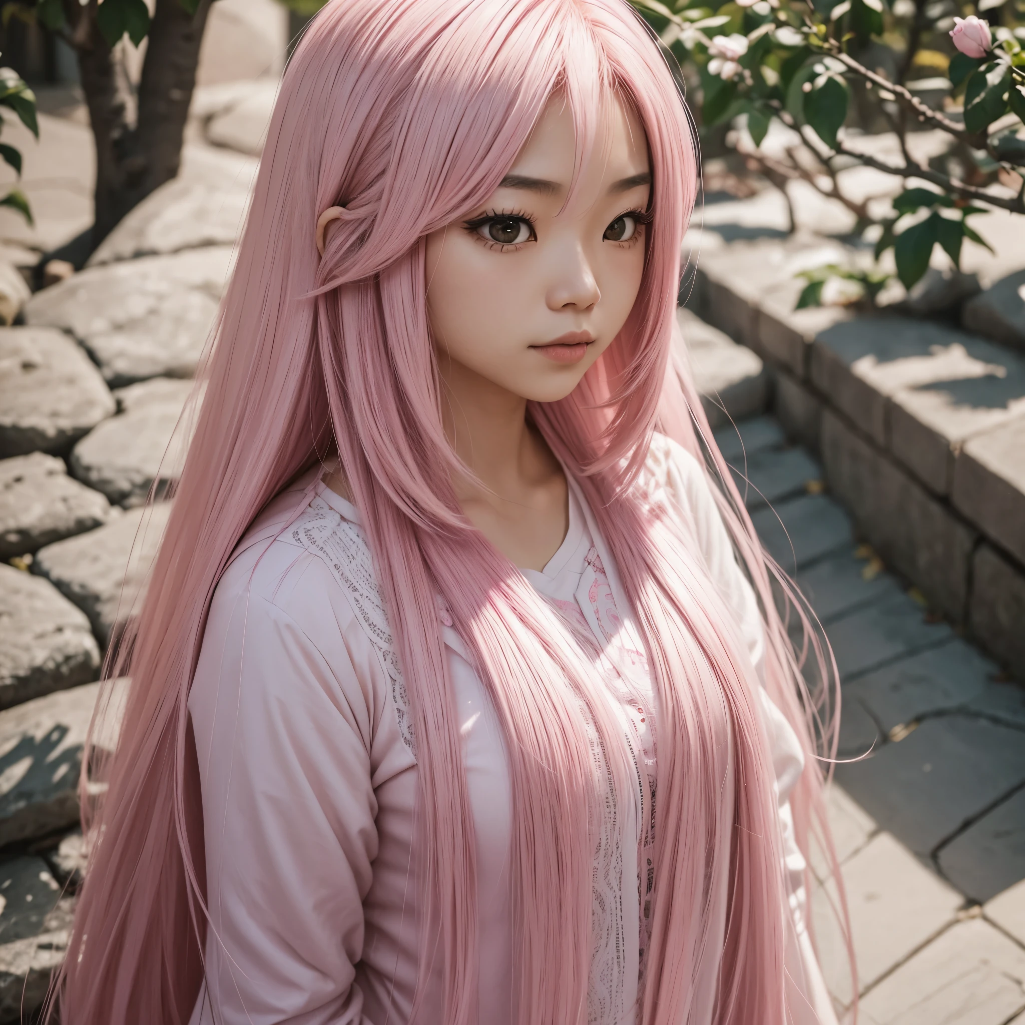 Asian girl with long light pink hair (cabelo da cor rosa claro e comprido),pele bem branca(cor da pele branca),8k ultrarealista