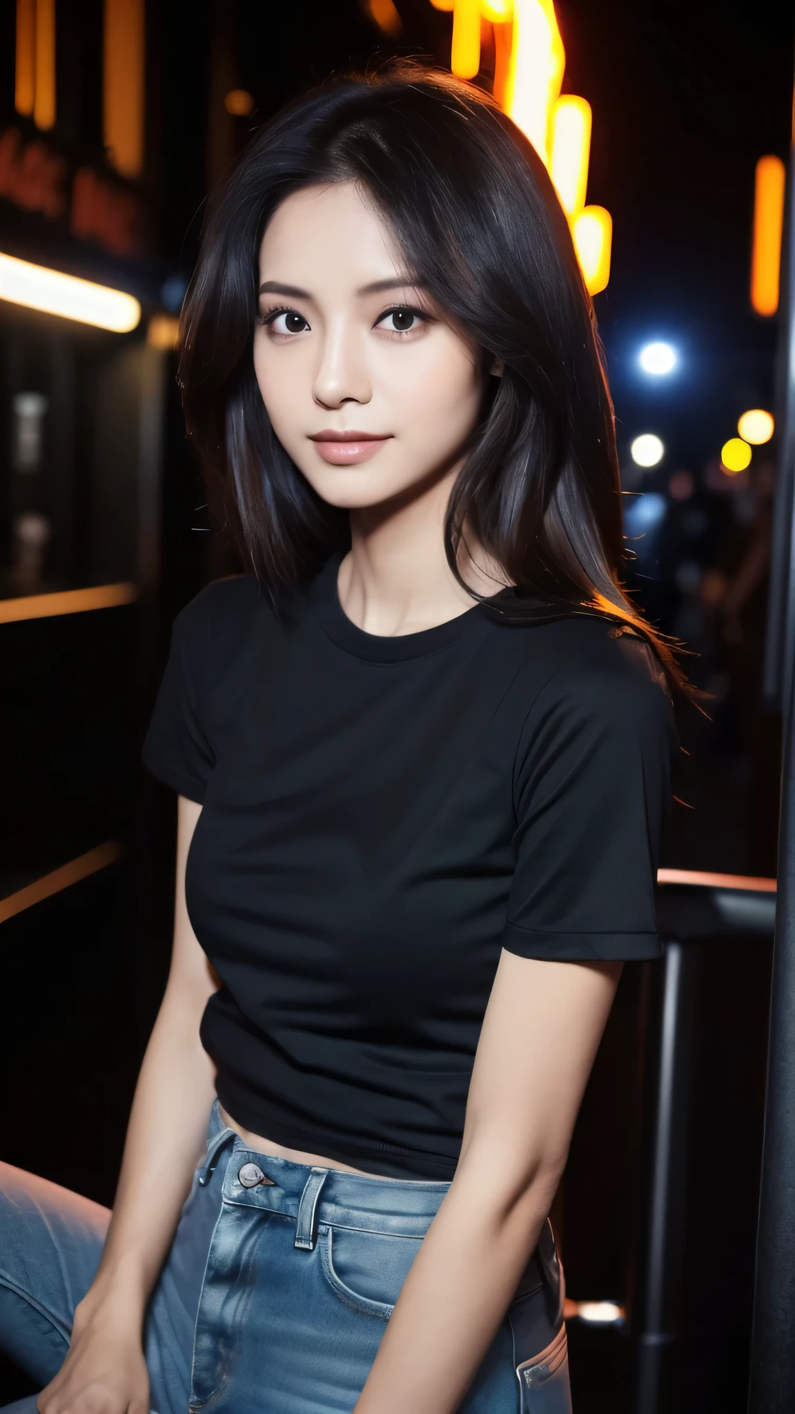 ((best quality, 8K, masterpiece:1.3, medium long shot photo:1.5, Sharp:1.2, balance light:1.4)),
beautiful female figure:1.4, sexy body, oval face shape, detailed eyes, smile,double eyelid,
((Long layered slightly wavy hair style, dark hair color)),
(casual t-shirt:1.2, color black casual t-shirt,cotton material), sit in the night club, chair,,dark room night club, Very detailed facial and skin texture,body facing to camera:1.4, body in frame,body position in front of the camera, eyes looking into camera