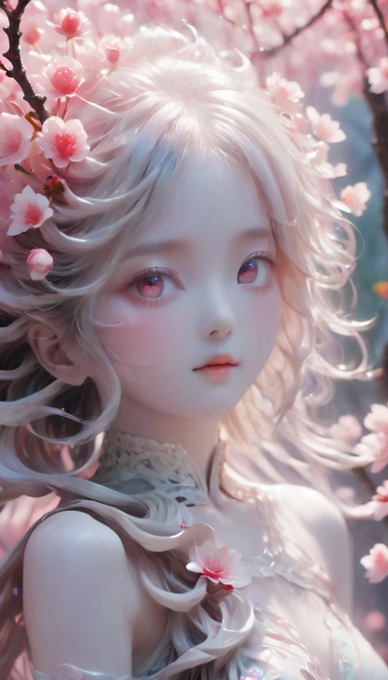 Cherry treegirl,(a girl made of fresh 樱花),forest,Cherry tree,Beautiful psychedelic white complex and detailed production,cute face,long hair,8k,Ultra-fine knots,