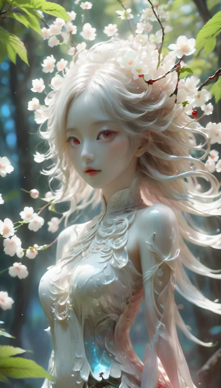 Cherry treegirl,(a girl made of fresh 樱花),forest,Cherry tree,Beautiful psychedelic white complex and detailed production,cute face,long hair,8k,Ultra-fine knots,