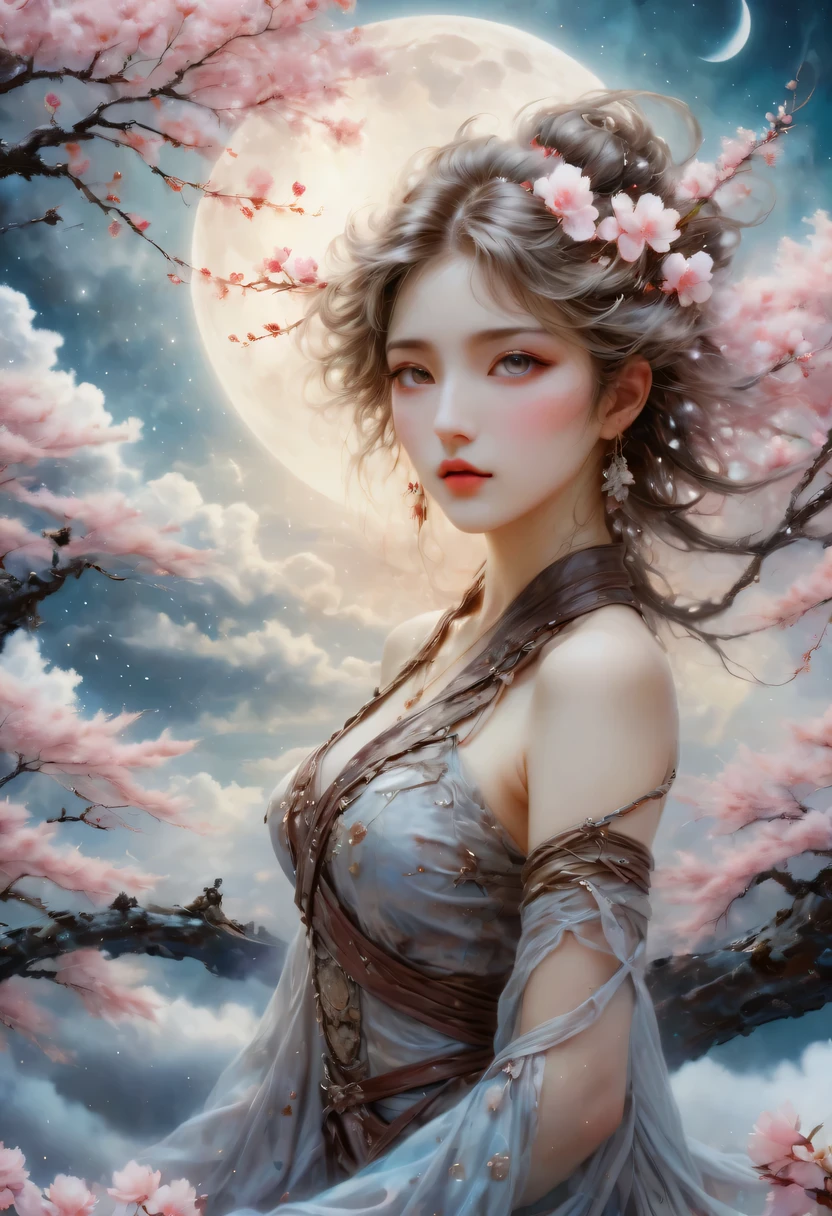 ((need)), ((masterpiece)), (detailed), charming girl, ethereal beauty, Living in the cherry blossom clouds, (Fantasy illustration:1.3), gaze, Charming pose, Sit above the clouds，otherworldly charm, mysterious sky, (Luis Royo:1.2), (Amano Yoshitaka:1.1), Moonlight night, pastel colors, (detailed云视图:1.3),Beautiful fluffy cherry blossom cloud，endless starry sky， (high resolution:1.2)