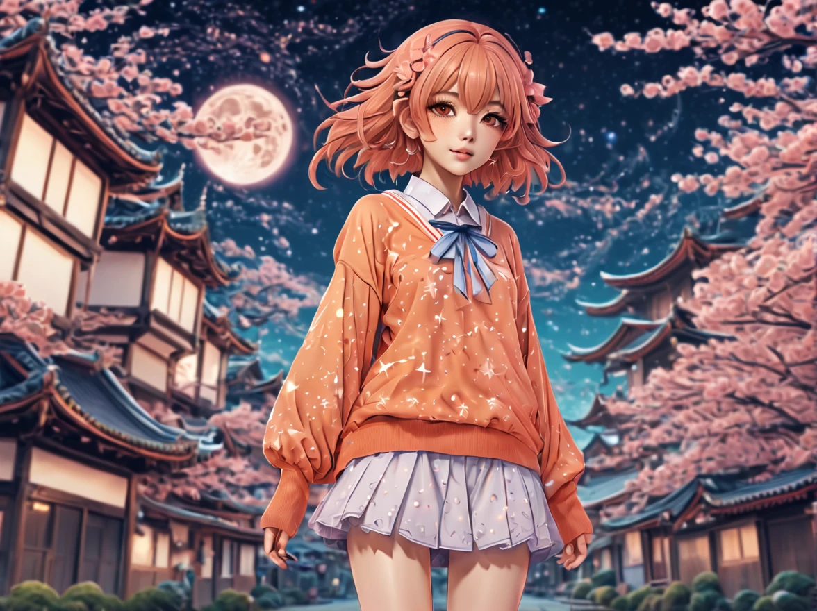 (best quality, highres, ultra sharp), (magical cute sakura maiden:1.2). with (exaggerated hair, huge fluffy hair, expanded hair, exagerated voluminous hair, small freckles, orange sweater with small dots, details, horsehair, fluffy, socks, magic background, cute art deco buildings, flowing lines, clean and crisp outlines, zentangle hair style, zentangle, starry sky, 3d crunch, cinematic, full body with long legs, from head to shoes, multiple sides view, split image in 2 parts,