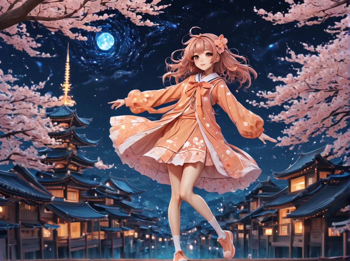 (best quality, highres, ultra sharp), (magical cute sakura maiden:1.2). with (exaggerated hair, huge fluffy hair, expanded hair, exagerated voluminous hair, small freckles, orange sweater with small dots, details, horsehair, fluffy, socks, magic background, cute art deco buildings, flowing lines, clean and crisp outlines, zentangle hair style, zentangle, starry sky, 3d crunch, cinematic, full body with long legs, from head to shoes, multiple sides view, split image in 2 parts,