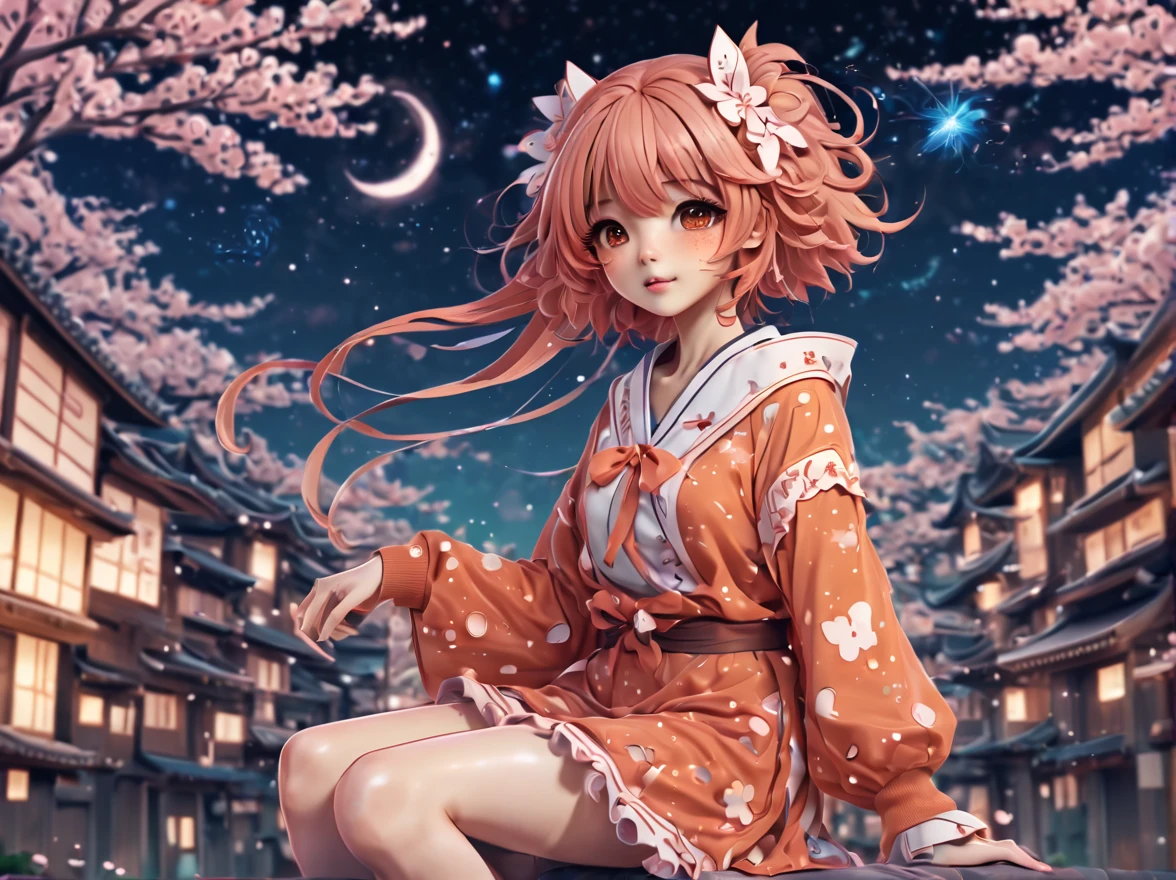 (best quality, highres, ultra sharp), (magical cute sakura maiden:1.2). with (exaggerated hair, huge fluffy hair, expanded hair, exagerated voluminous hair, small freckles, orange sweater with small dots, details, horsehair, fluffy, socks, magic background, cute art deco buildings, flowing lines, clean and crisp outlines, zentangle hair style, zentangle, starry sky, 3d crunch, cinematic, full body with long legs, from head to shoes, multiple sides view, split image in 2 parts,