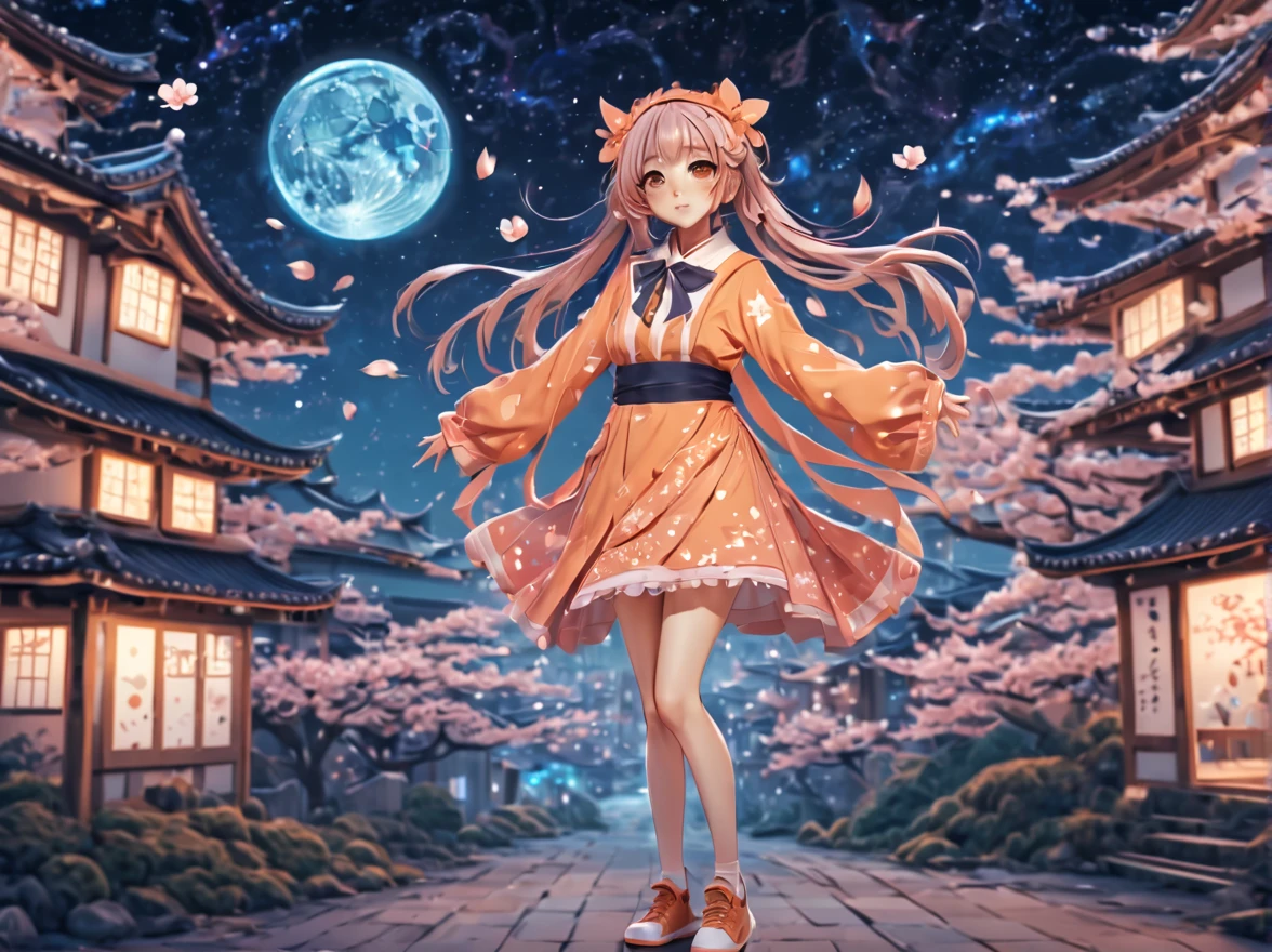 (best quality, highres, ultra sharp), (magical cute sakura maiden:1.2). with (exaggerated hair, huge fluffy hair, expanded hair, exagerated voluminous hair, small freckles, orange sweater with small dots, details, horsehair, fluffy, socks, magic background, cute art deco buildings, flowing lines, clean and crisp outlines, zentangle hair style, zentangle, starry sky, 3d crunch, cinematic, full body with long legs, from head to shoes, multiple sides view, split image in 2 parts,