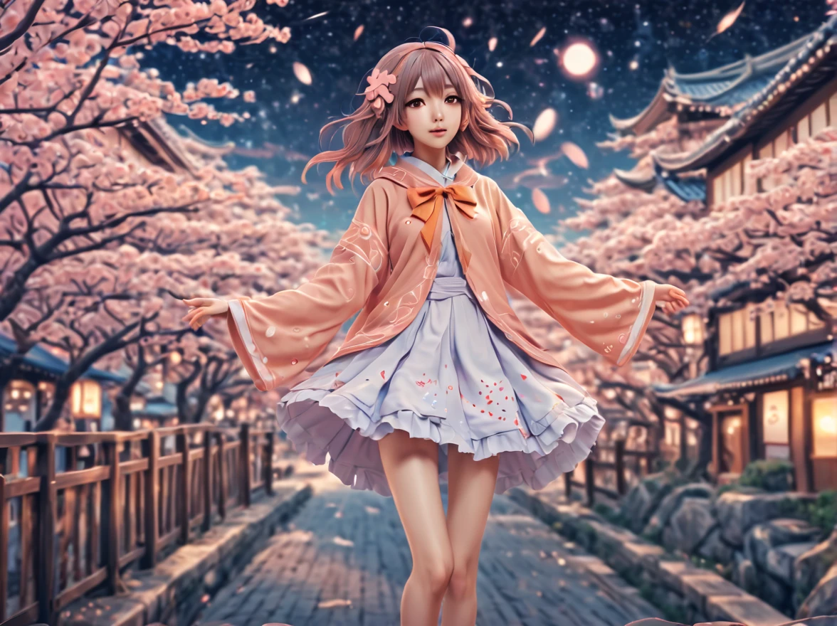 (best quality, highres, ultra sharp), (magical cute sakura maiden:1.2). with (exaggerated hair, huge fluffy hair, expanded hair, exagerated voluminous hair, small freckles, orange sweater with small dots, details, horsehair, fluffy, socks, magic background, cute art deco buildings, flowing lines, clean and crisp outlines, zentangle hair style, zentangle, starry sky, 3d crunch, cinematic, full body with long legs, from head to shoes, multiple sides view, split image in 2 parts,