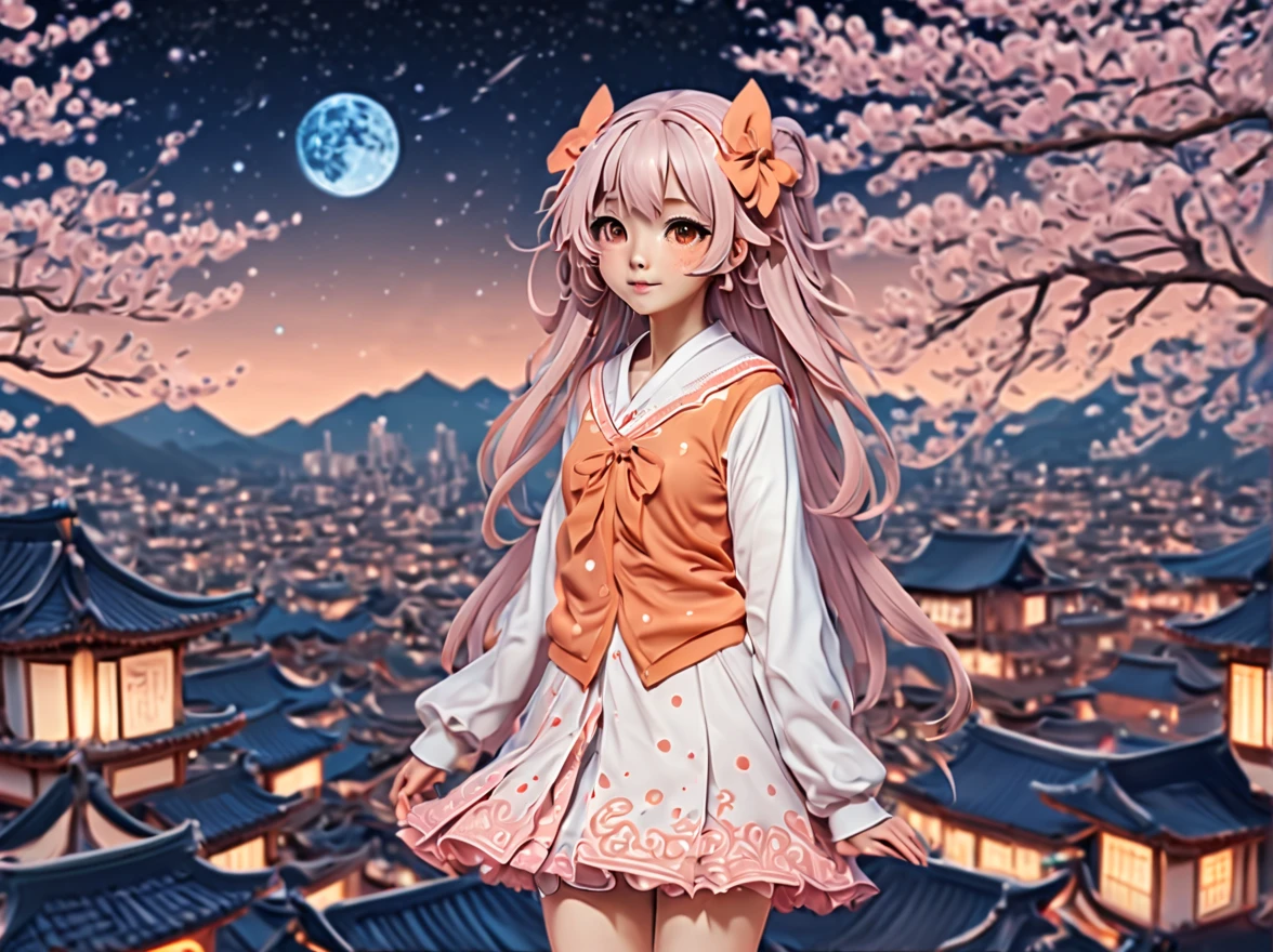 (best quality, highres, ultra sharp), (magical cute sakura maiden:1.2). with (exaggerated hair, huge fluffy hair, expanded hair, exagerated voluminous hair, small freckles, orange sweater with small dots, details, horsehair, fluffy, socks, magic background, cute art deco buildings, flowing lines, clean and crisp outlines, zentangle hair style, zentangle, starry sky, 3d crunch, cinematic, full body with long legs, from head to shoes, multiple sides view, split image in 2 parts,