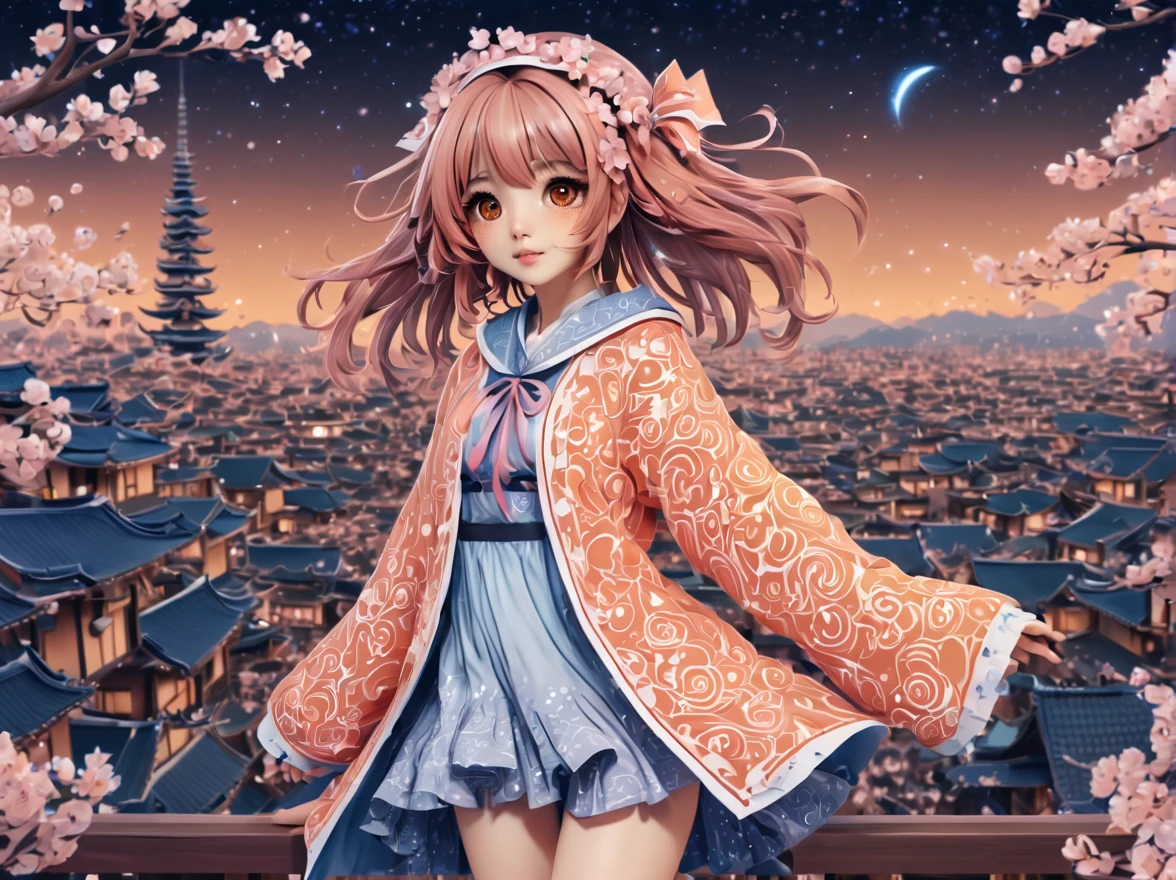 (best quality, highres, ultra sharp), (magical cute sakura maiden:1.2). with (exaggerated hair, huge fluffy hair, expanded hair, exagerated voluminous hair, small freckles, orange sweater with small dots, details, horsehair, fluffy, socks, magic background, cute art deco buildings, flowing lines, clean and crisp outlines, zentangle hair style, zentangle, starry sky, 3d crunch, cinematic, full body with long legs, from head to shoes, multiple sides view, split image in 2 parts,