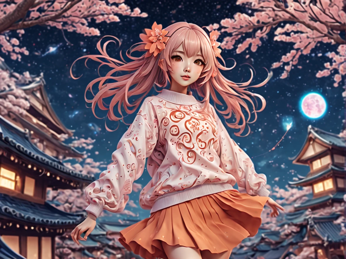 (best quality, highres, ultra sharp), (magical cute sakura maiden:1.2). with (exaggerated hair, huge fluffy hair, expanded hair, exagerated voluminous hair, small freckles, orange sweater with small dots, details, horsehair, fluffy, socks, magic background, cute art deco buildings, flowing lines, clean and crisp outlines, zentangle hair style, zentangle, starry sky, 3d crunch, cinematic, full body with long legs, from head to shoes, multiple sides view, split image in 2 parts,