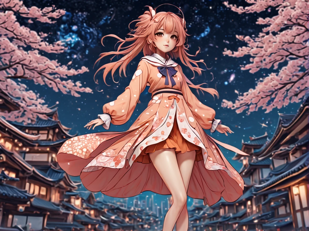 (best quality, highres, ultra sharp), (magical cute sakura maiden:1.2). with (exaggerated hair, huge fluffy hair, expanded hair, exagerated voluminous hair, small freckles, orange sweater with small dots, details, horsehair, fluffy, socks, magic background, cute art deco buildings, flowing lines, clean and crisp outlines, zentangle hair style, zentangle, starry sky, 3d crunch, cinematic, full body with long legs, from head to shoes, multiple sides view, split image in 2 parts,