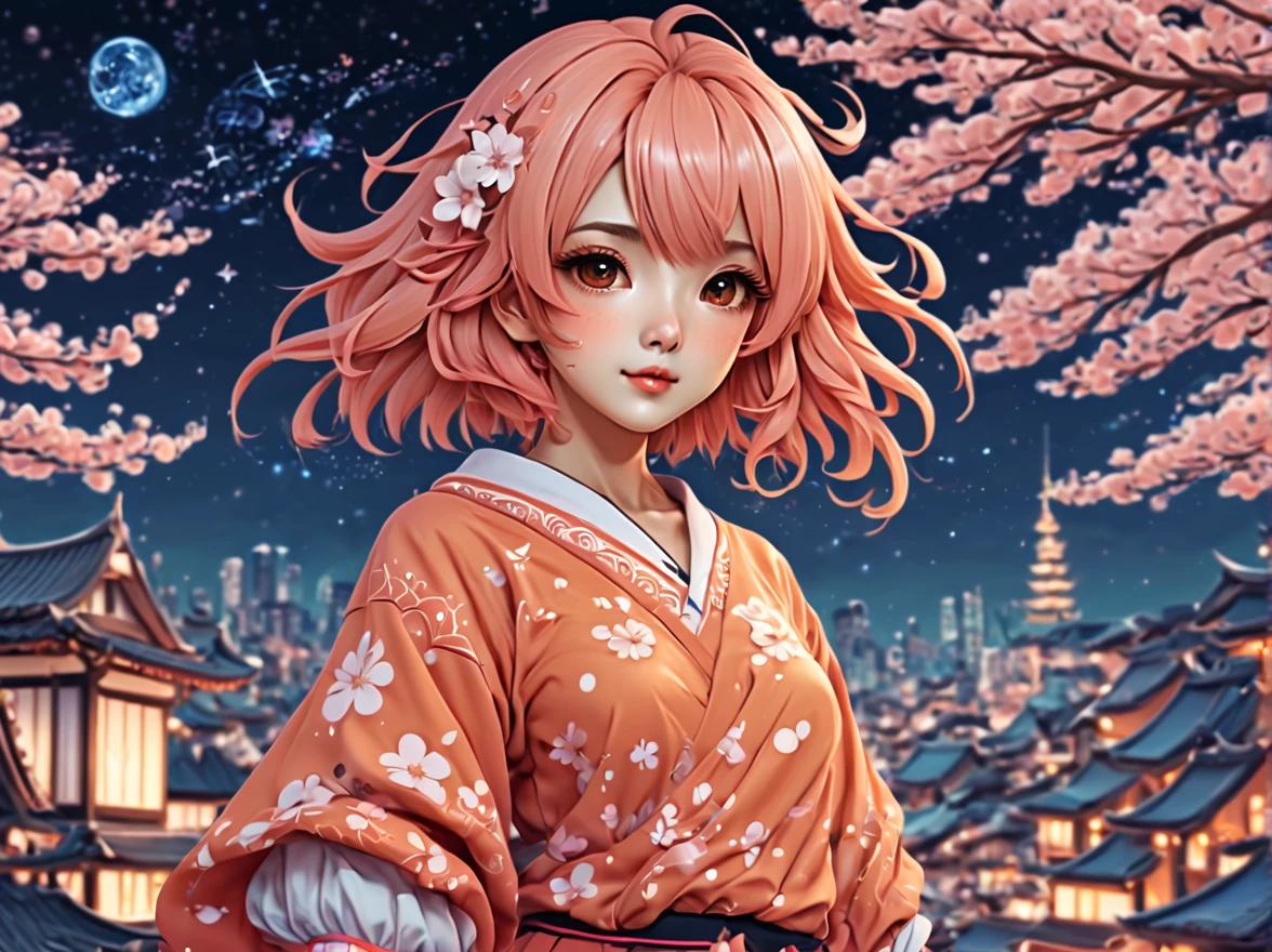 (best quality, highres, ultra sharp), (magical cute sakura maiden:1.2). with (exaggerated hair, huge fluffy hair, expanded hair, exagerated voluminous hair, small freckles, orange sweater with small dots, details, horsehair, fluffy, socks, magic background, cute art deco buildings, flowing lines, clean and crisp outlines, zentangle hair style, zentangle, starry sky, 3d crunch, cinematic, full body with long legs, from head to shoes, multiple sides view, split image in 2 parts,