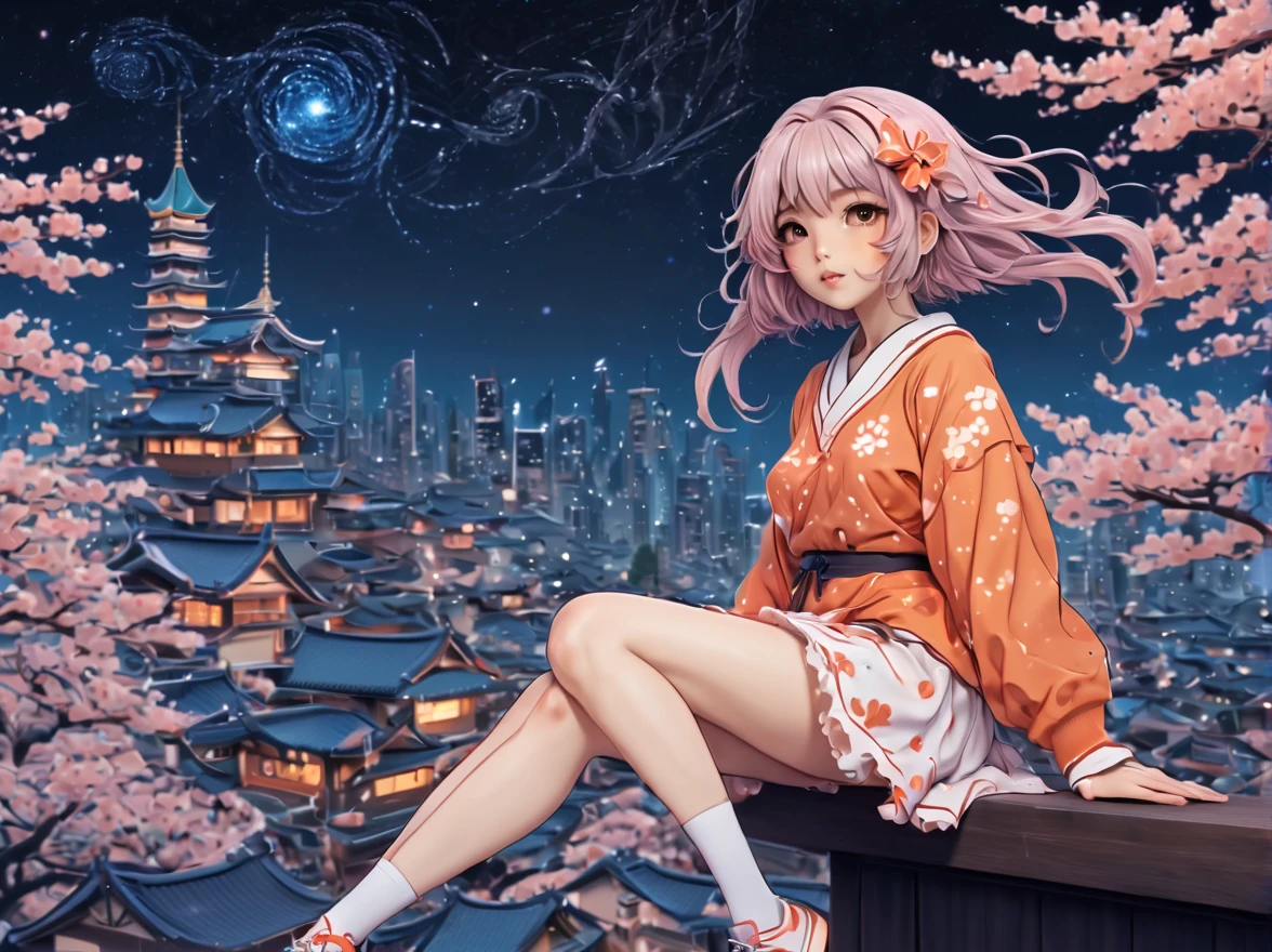 (best quality, highres, ultra sharp), (magical cute sakura maiden:1.2). with (exaggerated hair, huge fluffy hair, expanded hair, exagerated voluminous hair, small freckles, orange sweater with small dots, details, horsehair, fluffy, socks, magic background, cute art deco buildings, flowing lines, clean and crisp outlines, zentangle hair style, zentangle, starry sky, 3d crunch, cinematic, full body with long legs, from head to shoes, multiple sides view, split image in 2 parts,