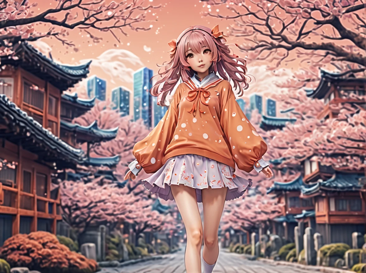 (best quality, highres, ultra sharp), (magical cute sakura maiden:1.2). with (exaggerated hair, huge fluffy hair, expanded hair, exagerated voluminous hair, small freckles, orange sweater with small dots, details, horsehair, fluffy, socks, magic background, cute art deco buildings, flowing lines, clean and crisp outlines, zentangle hair style, zentangle, starry sky, 3d crunch, cinematic, full body with long legs, from head to shoes, multiple sides view, split image in 2 parts,