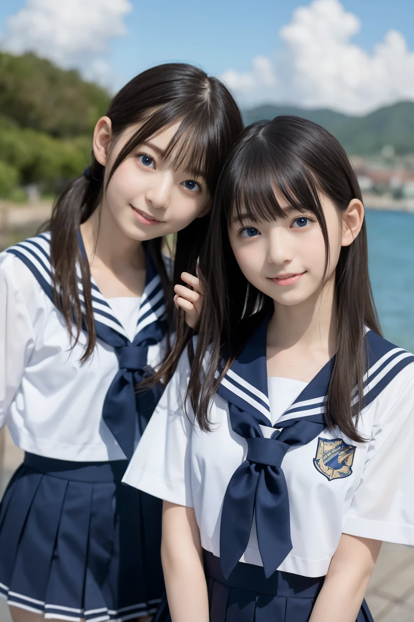 2 girls , 12 years old, Smile, blue eyes, table top, highest quality, be familiar with, upon, girly running,
, sailor suit, , Breasts out, on the way to school, (thin:1),
Japanese, small breasts, Vulgarity, The wind is blowing, sky blue seaside