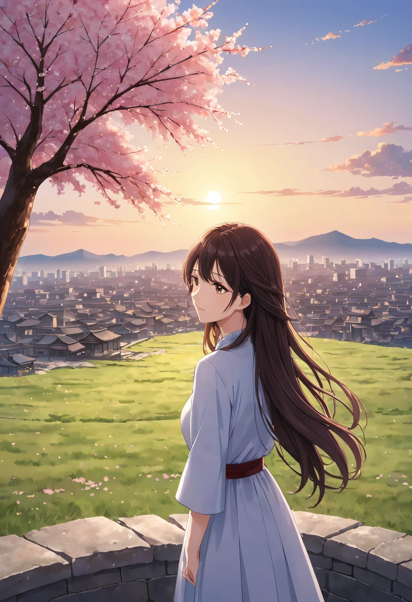 Cherry tree下的女人，Gaze at the distant skyline，那Sunset余晖与古老的都城映造出一道美丽的风景，west wind blows girl&#39;long hair，Sunset，Sunset，cloud，fallen flowers，ancient city，Cherry tree，mottled，grassland，Silent and desolate，