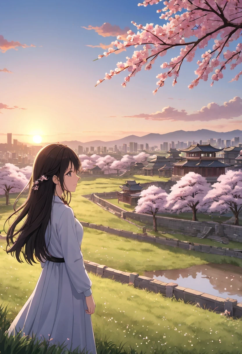 Cherry tree下的女人，Gaze at the distant skyline，那Sunset余晖与古老的都城映造出一道美丽的风景，west wind blows girl&#39;long hair，Sunset，Sunset，cloud，fallen flowers，ancient city，Cherry tree，mottled，grassland，Silent and desolate，