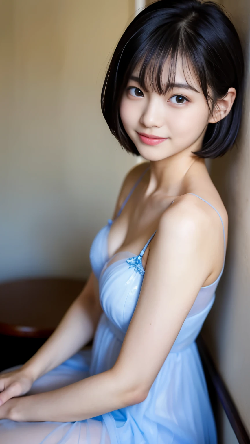 Best-quality, Masterpiece, Ultra-High-Resolution, (Photorealistic:1.4), Raw-Photo, at hotel-room, 1girl, -yeld, thost famous Japanese idol, (wearing only light-blue see-through dress, extremely see-through dress), upturned ass, (extremely cute face like the most popular Japanese idol), (extremely beautiful black-short-cut-haired), (((extremely beautiful big-black-solid-circle-eyes))), extremely beautiful skins, extremely beautiful body, innocent-smile, looking at viewer, detailed see-through-dress