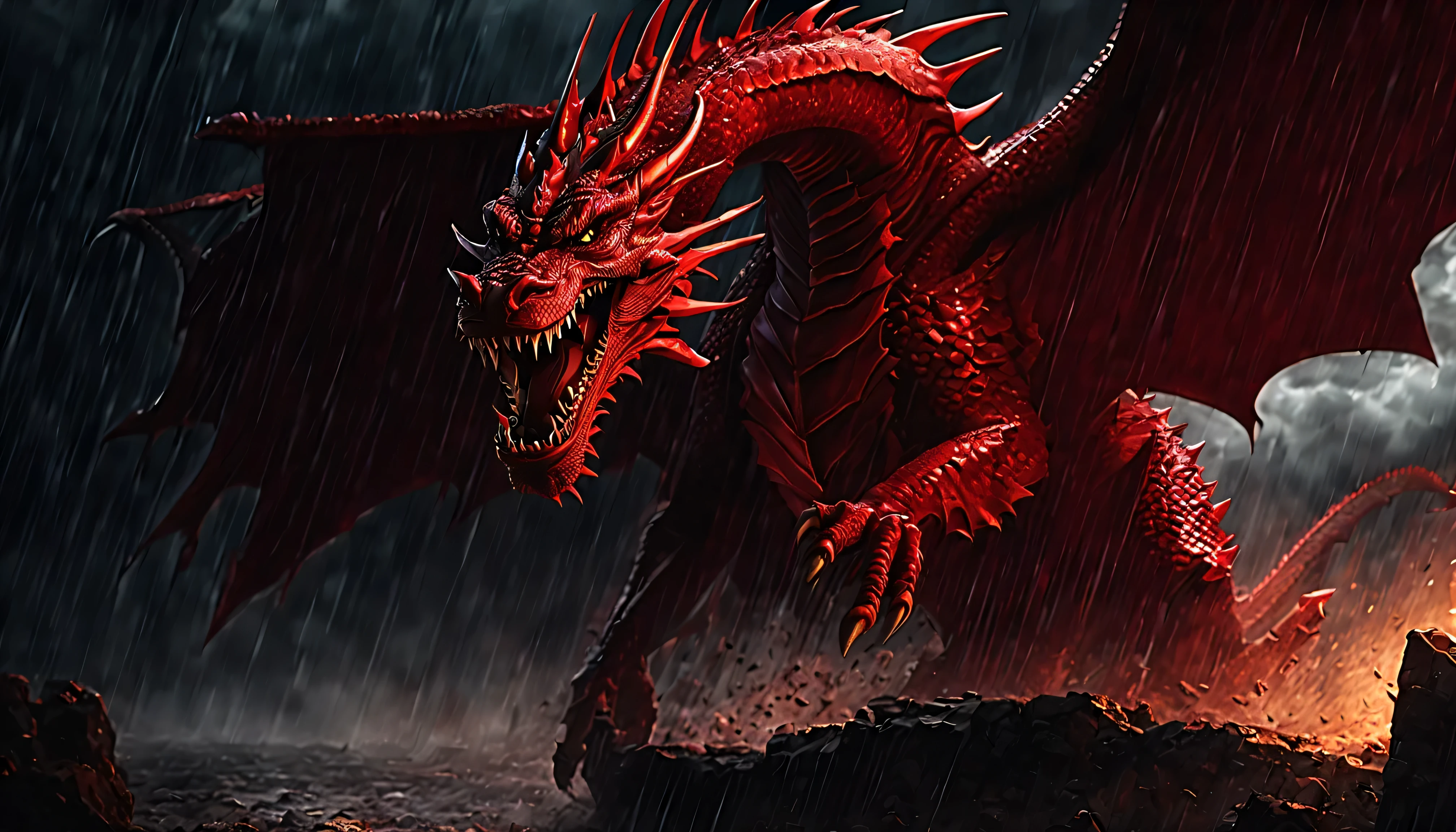 (masterpiece:1.2),(best quality),(8K,HD),(starfield:1.1), dark picture, horror, dark fantasy, horrifing red dragon rushing toward viewer, huge jaws, medieval castle, dark clouds, rain, storm, low light, action scene, dnd, dungeons and dragons, rain drops, adrenaline