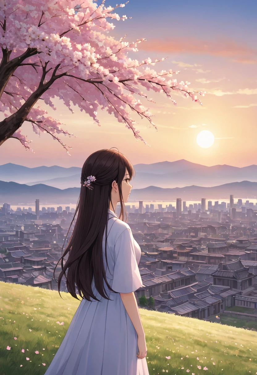 Cherry tree下的女人，Gaze at the distant skyline，那Sunset余晖与古老的都城映造出一道美丽的风景，west wind blows girl&#39;long hair，Sunset，Sunset，cloud，fallen flowers，ancient city，Cherry tree，mottled，grassland，Silent and desolate，