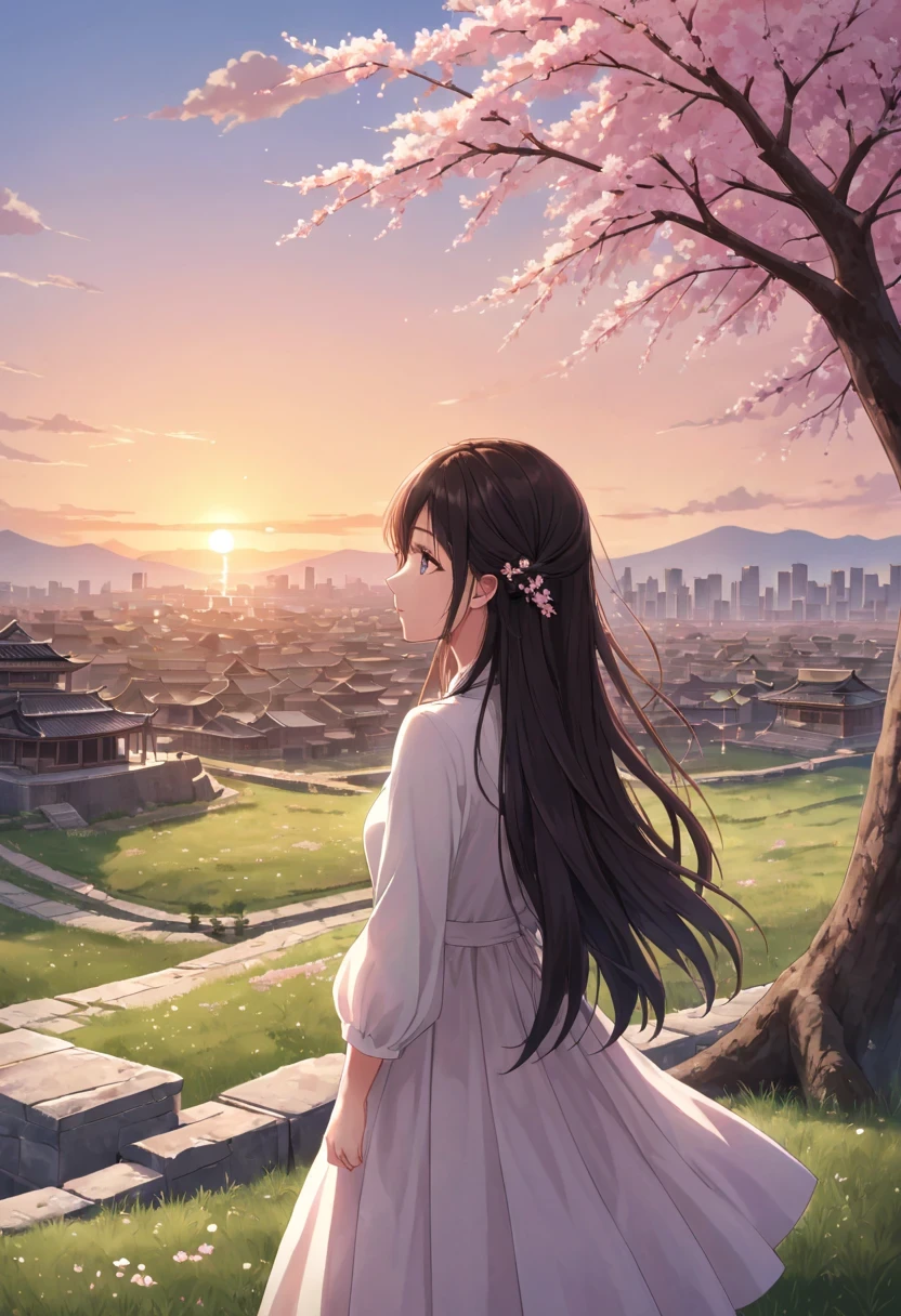 Cherry tree下的女人，Gaze at the distant skyline，那Sunset余晖与古老的都城映造出一道美丽的风景，west wind blows girl&#39;long hair，Sunset，Sunset，cloud，fallen flowers，ancient city，Cherry tree，mottled，grassland，Silent and desolate，