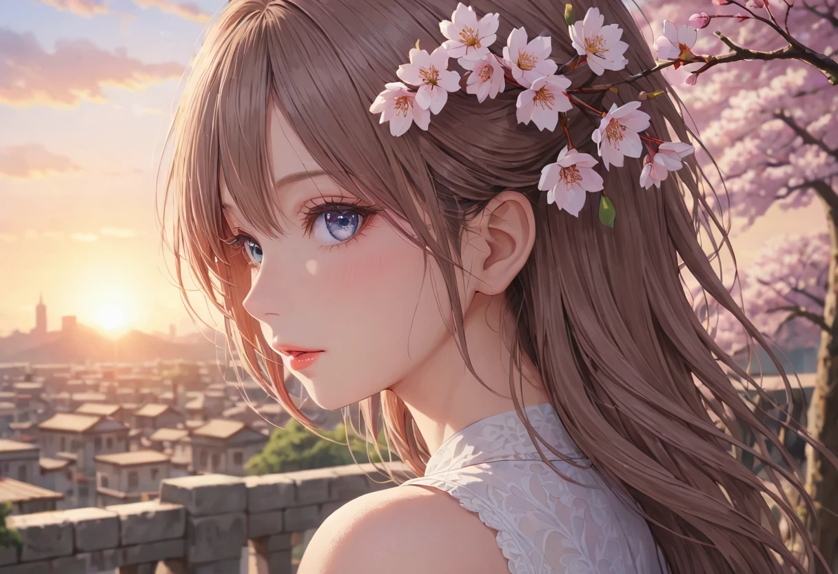 (best quality,4k,8k,high resolution,masterpiece:1.2),super detailed,(actual,photoactual,photo-actual:1.37),Cherry blossoms树下的女人，portrait,beautiful and delicate eyes,beautiful and delicate lips,Extremely detailed eyes and face,long eyelashes,Styling posture,Cherry blossoms，ancient city houses,flowing hair,Looking at the distant skyline,The sunset shines on the ancient ,Create a beautiful landscape,The wind blows the girl&#39;ancient city hair,Sunset,Sunset,colorful clouds,飘落的Cherry blossoms瓣,ancient capital,Light禿禿的樹木,mottled,Overgrown,quiet and desolate,contour,backLight,Contrast of Light and shadow,haze,Light,film grain