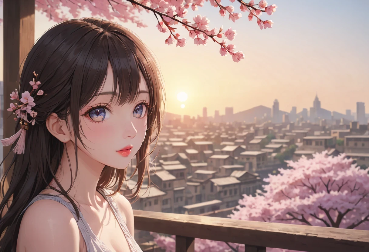 (best quality,4k,8k,high resolution,masterpiece:1.2),super detailed,(actual,photoactual,photo-actual:1.37),Cherry blossoms树下的女人，portrait,beautiful and delicate eyes,beautiful and delicate lips,Extremely detailed eyes and face,long eyelashes,Styling posture,Cherry blossoms，ancient city houses,flowing hair,Looking at the distant skyline,The sunset shines on the ancient ,Create a beautiful landscape,The wind blows the girl&#39;ancient city hair,Sunset,Sunset,colorful clouds,飘落的Cherry blossoms瓣,ancient capital,Light禿禿的樹木,mottled,Overgrown,quiet and desolate,contour,backLight,Contrast of Light and shadow,haze,Light,film grain