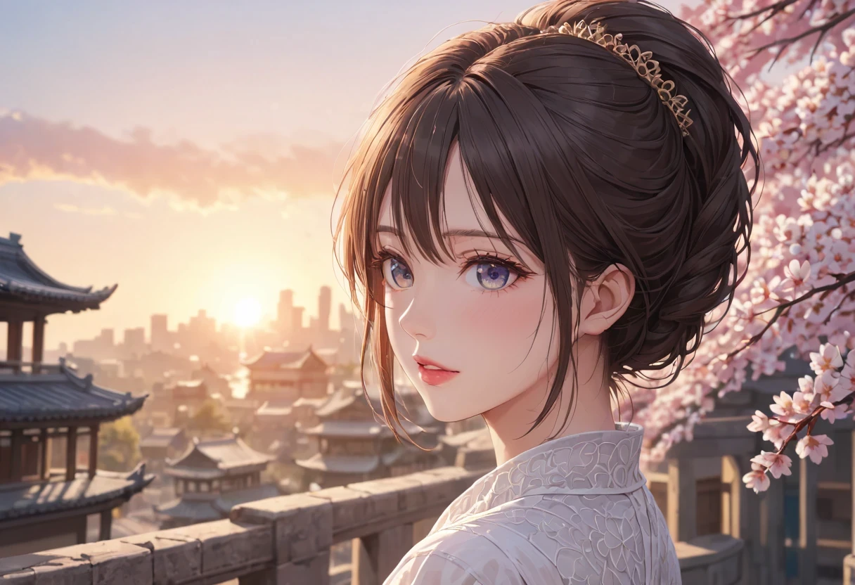 (best quality,4k,8k,high resolution,masterpiece:1.2),super detailed,(actual,photoactual,photo-actual:1.37),Cherry blossoms树下的女人,portrait,beautiful and delicate eyes,beautiful and delicate lips,Extremely detailed eyes and face,long eyelashes,Styling posture,Cherry blossoms,ancient city houses,flowing hair,Looking at the distant skyline,The sunset shines on the ancient ,Create a beautiful landscape,The wind blows the girl'ancient city hair,Sunset,Sunset,colorful clouds,飘落的Cherry blossoms瓣,ancient capital,Light禿禿的樹木,mottled,Overgrown,quiet and desolate,contour,backLight,Contrast of Light and shadow,haze,Light,film grain