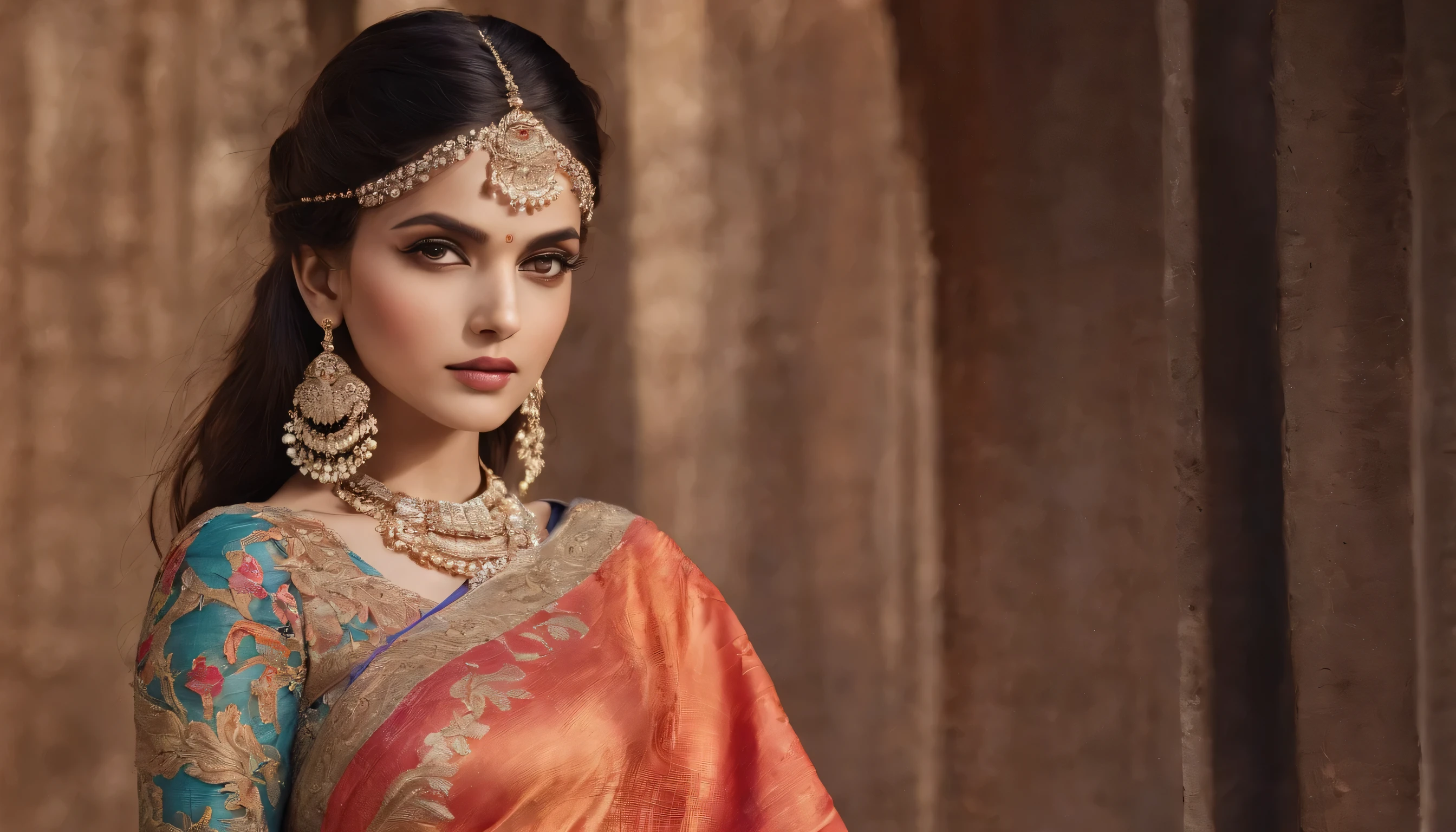 In the midst of a bustling Indian market, she stands out like a timeless painting. Her saree, a tapestry of colors, drapes around her with effortless grace. The intricate patterns of her jewelry shimmer in the sunlight, drawing attention to her every move. With each step, the soft jingle of her bangles creates a symphony of its own, blending harmoniously with the vibrant sounds of the market. Her gaze is steady, her expression serene, embodying a quiet confidence that captivates all who pass by. She is a vision of tradition and elegance, a living testament to the beauty of Indian fashion.