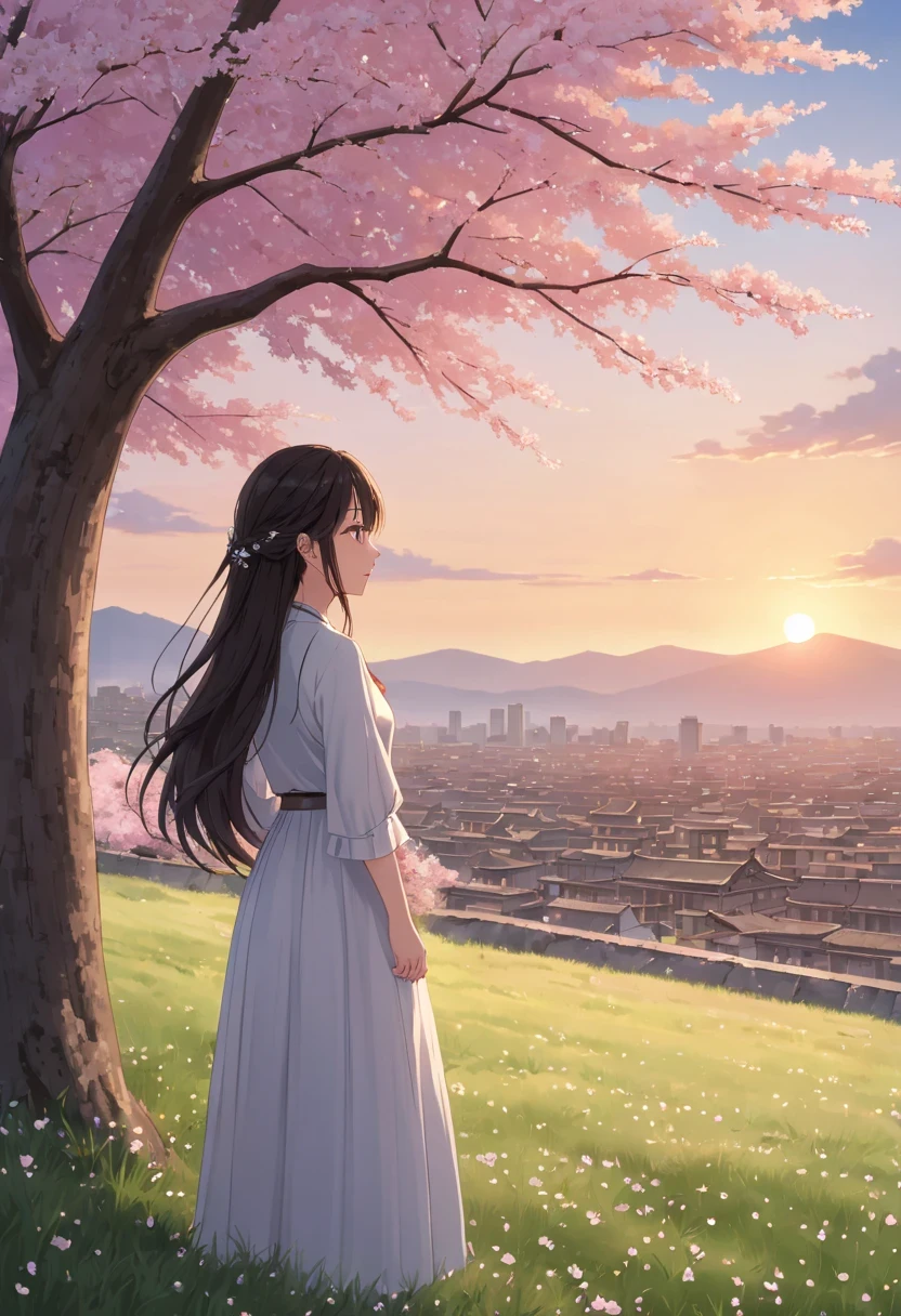 Cherry tree下的女人，Gaze at the distant skyline，那Sunset余晖与古老的都城映造出一道美丽的风景，west wind blows girl&#39;long hair，Sunset，Sunset，cloud，fallen flowers，ancient city，Cherry tree，mottled，grassland，Silent and desolate，