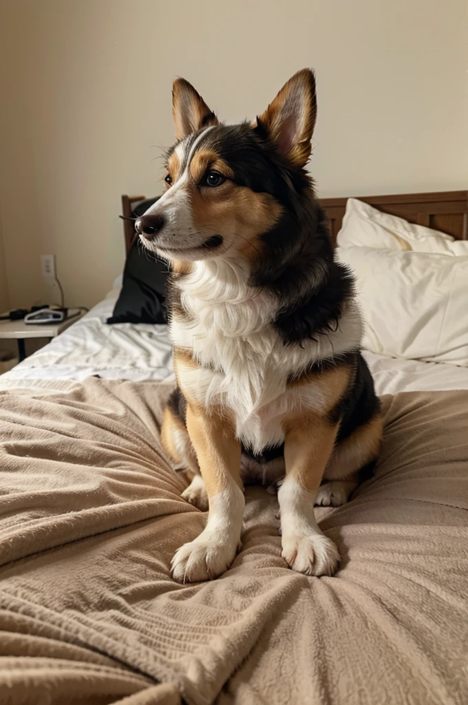 dog is sitting on a bed, scruffy looking, breed corgi and doodle mix, cute and furry, 2 years old