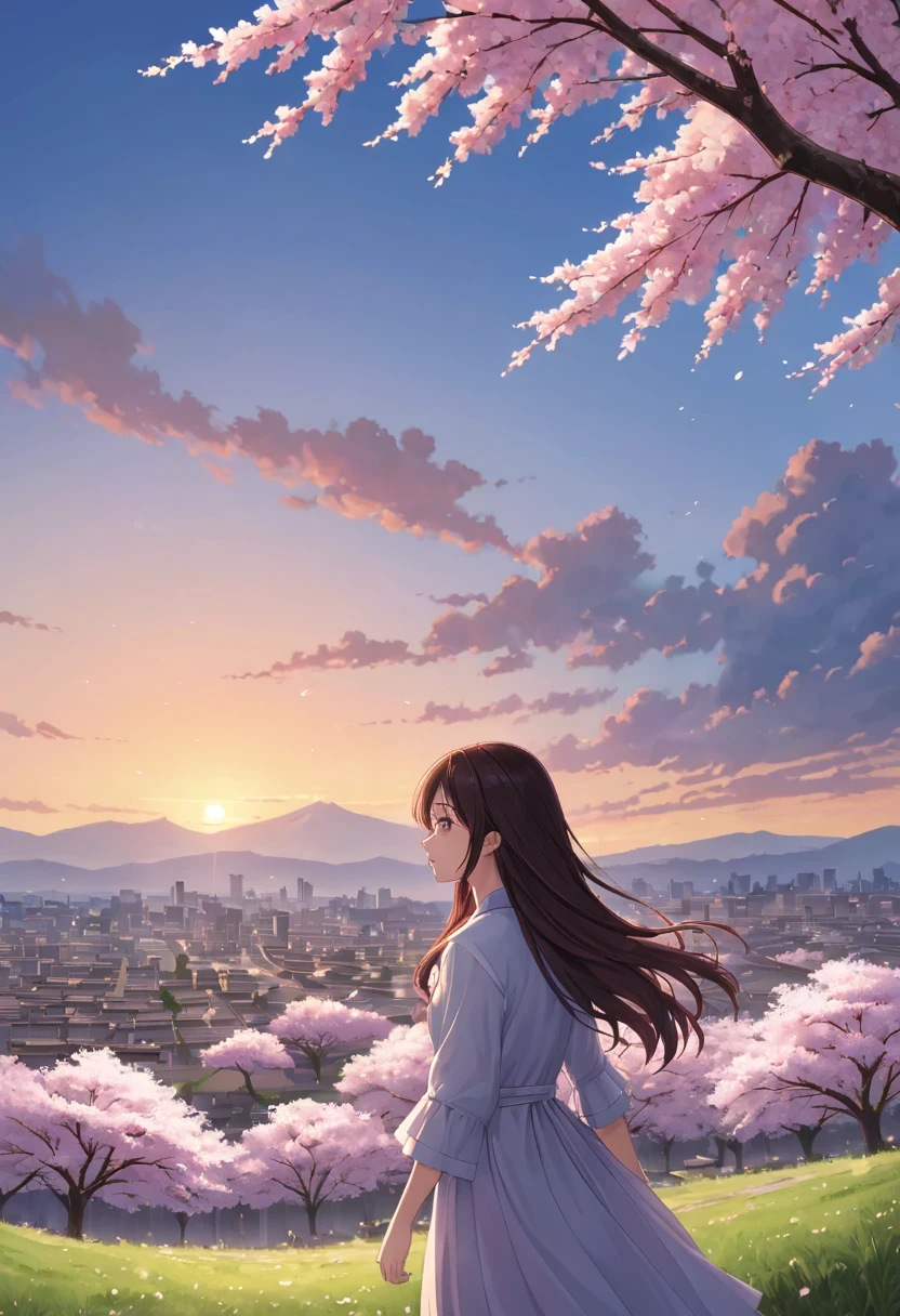 Cherry tree下的女人，Gaze at the distant skyline，那Sunset余晖与古老的都城映造出一道美丽的风景，west wind blows girl&#39;long hair，Sunset，Sunset，cloud，fallen flowers，ancient city，Cherry tree，mottled，grassland，Silent and desolate，