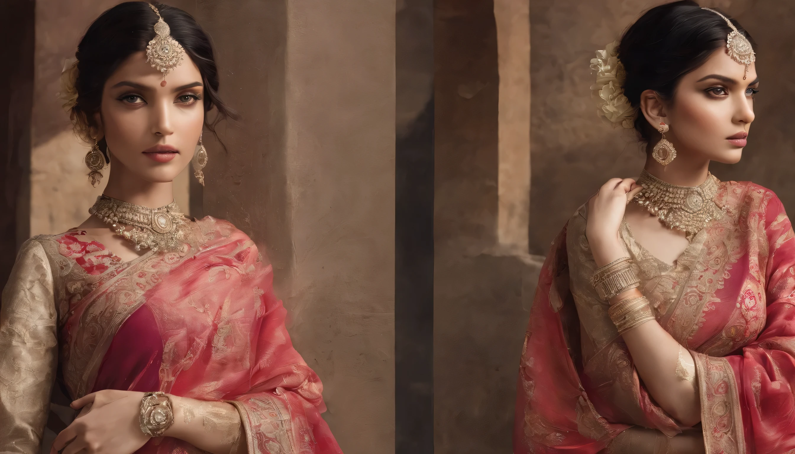 In the midst of a bustling Indian market, she stands out like a timeless painting. Her saree, a tapestry of colors, drapes around her with effortless grace. The intricate patterns of her jewelry shimmer in the sunlight, drawing attention to her every move. With each step, the soft jingle of her bangles creates a symphony of its own, blending harmoniously with the vibrant sounds of the market. Her gaze is steady, her expression serene, embodying a quiet confidence that captivates all who pass by. She is a vision of tradition and elegance, a living testament to the beauty of Indian fashion.